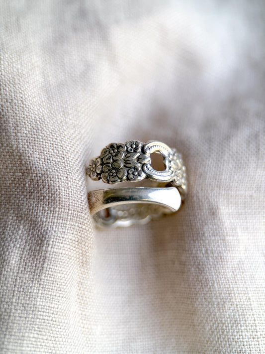Vintage Sterling Silver Spoon Ring, Heart Floral Statement Jewelry, Size 6