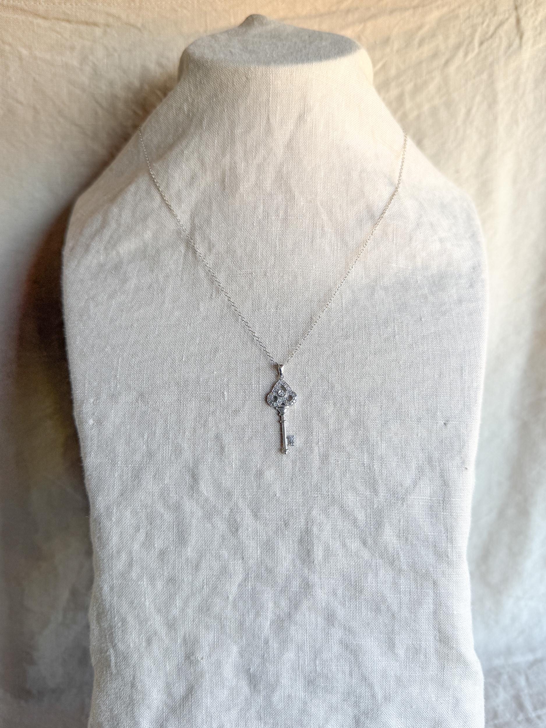 Diamond Skeleton Key Pendant in 10k White Gold, Retro Anniversary Gift, Vintage Jewelry Necklace