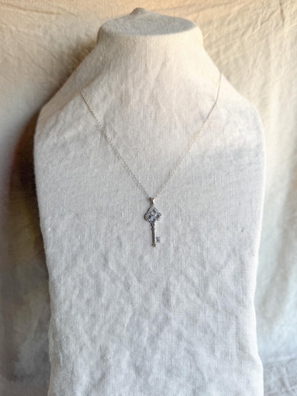 Diamond Skeleton Key Pendant in 10k White Gold, Retro Anniversary Gift, Vintage Jewelry Necklace