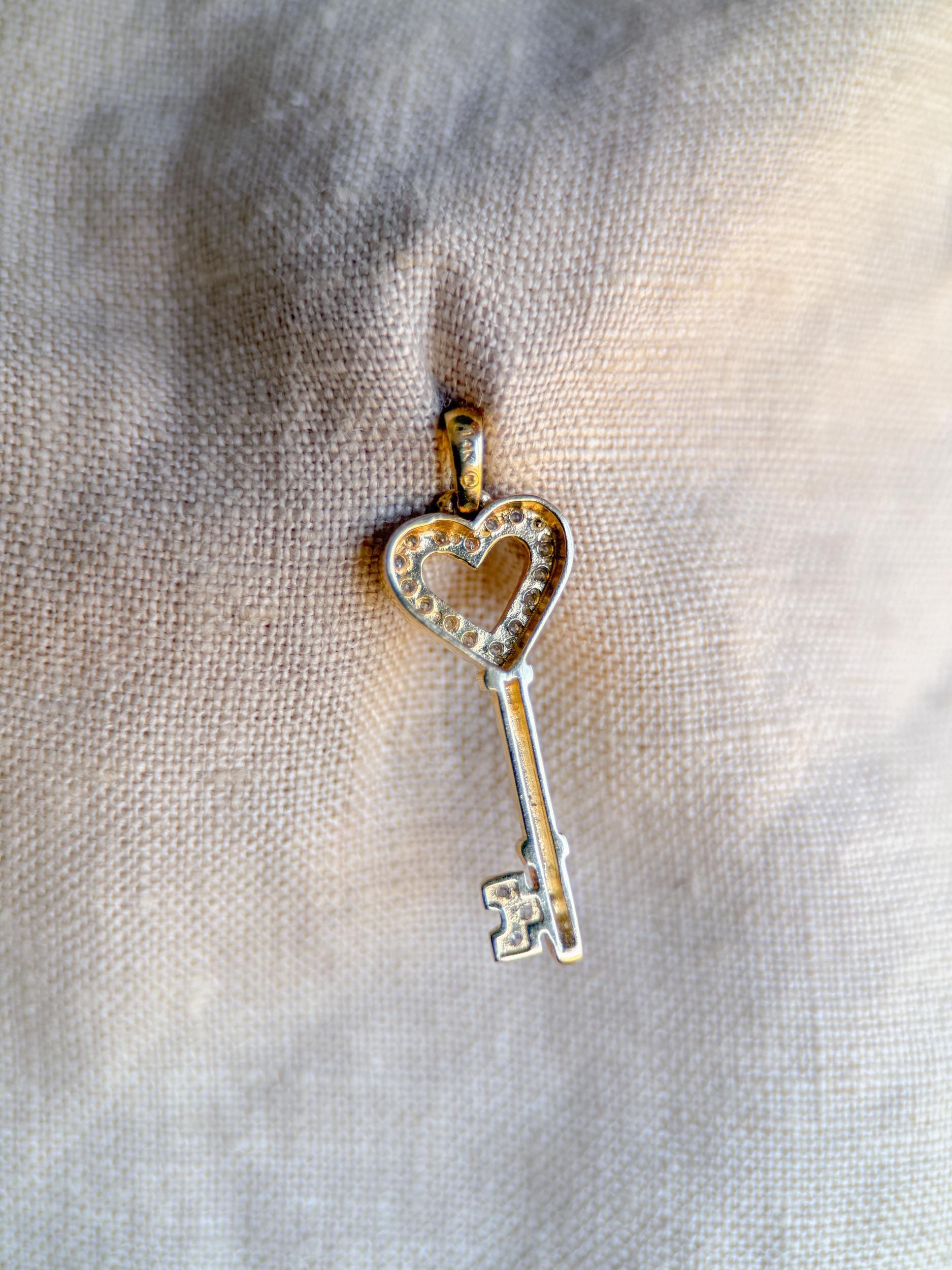 Diamond Skeleton Key Pendant 14K Gold, Retro 2000s Vintage Necklace Charm, Gift for Her