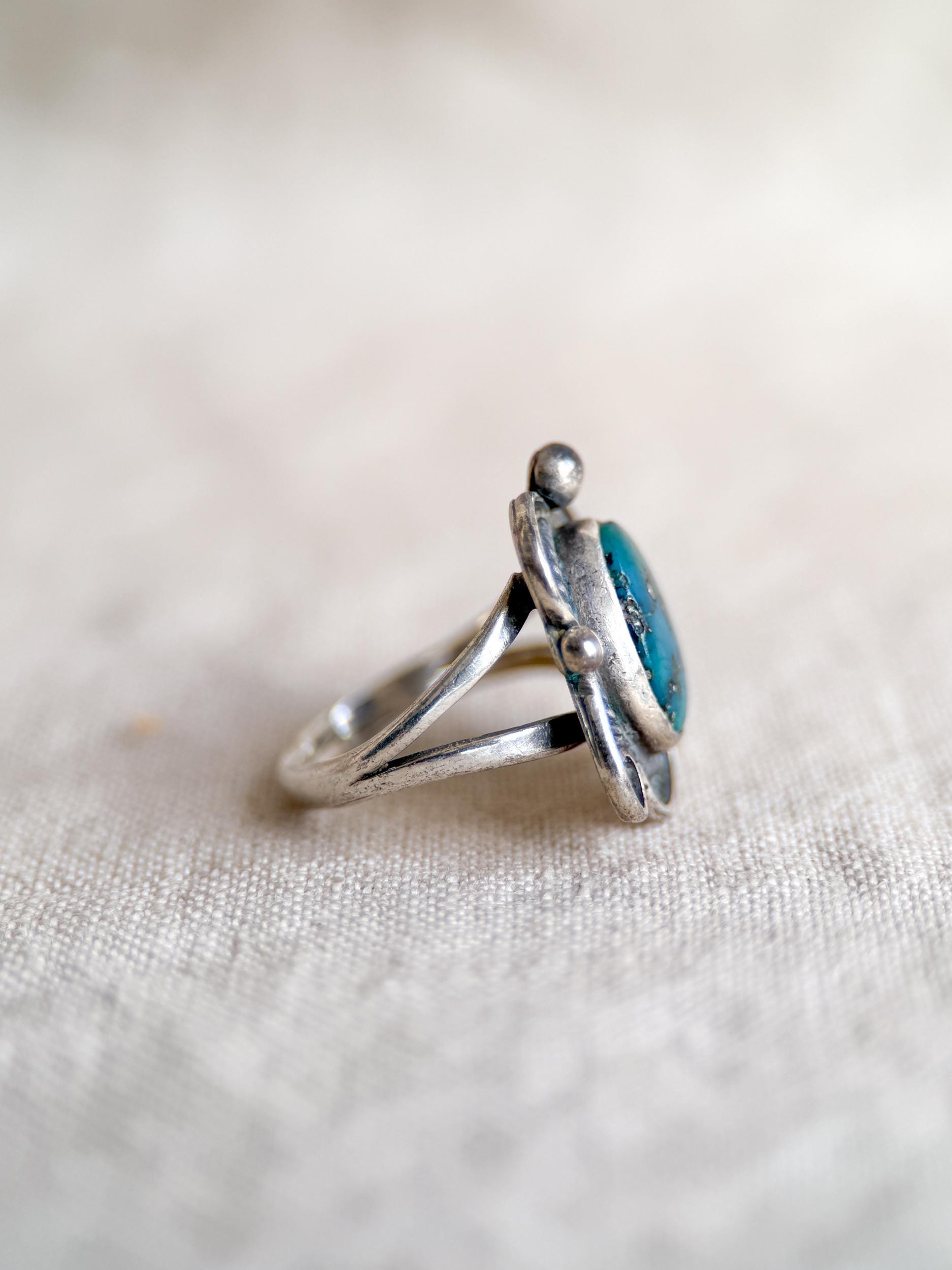 Vintage Turquoise Sterling Silver Scroll Statement Ring, Boho Jewelry
