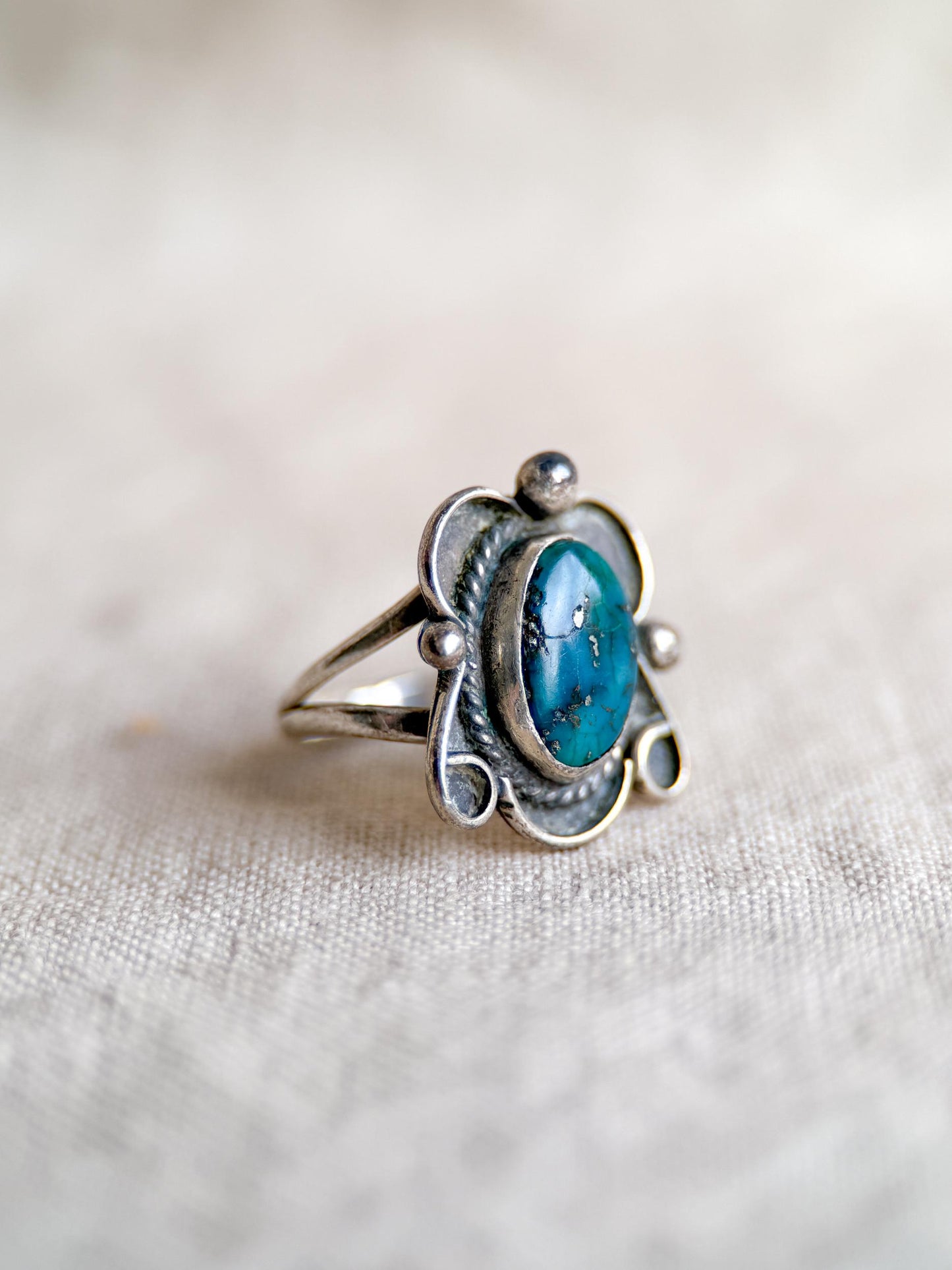 Vintage Turquoise Sterling Silver Scroll Statement Ring, Boho Jewelry