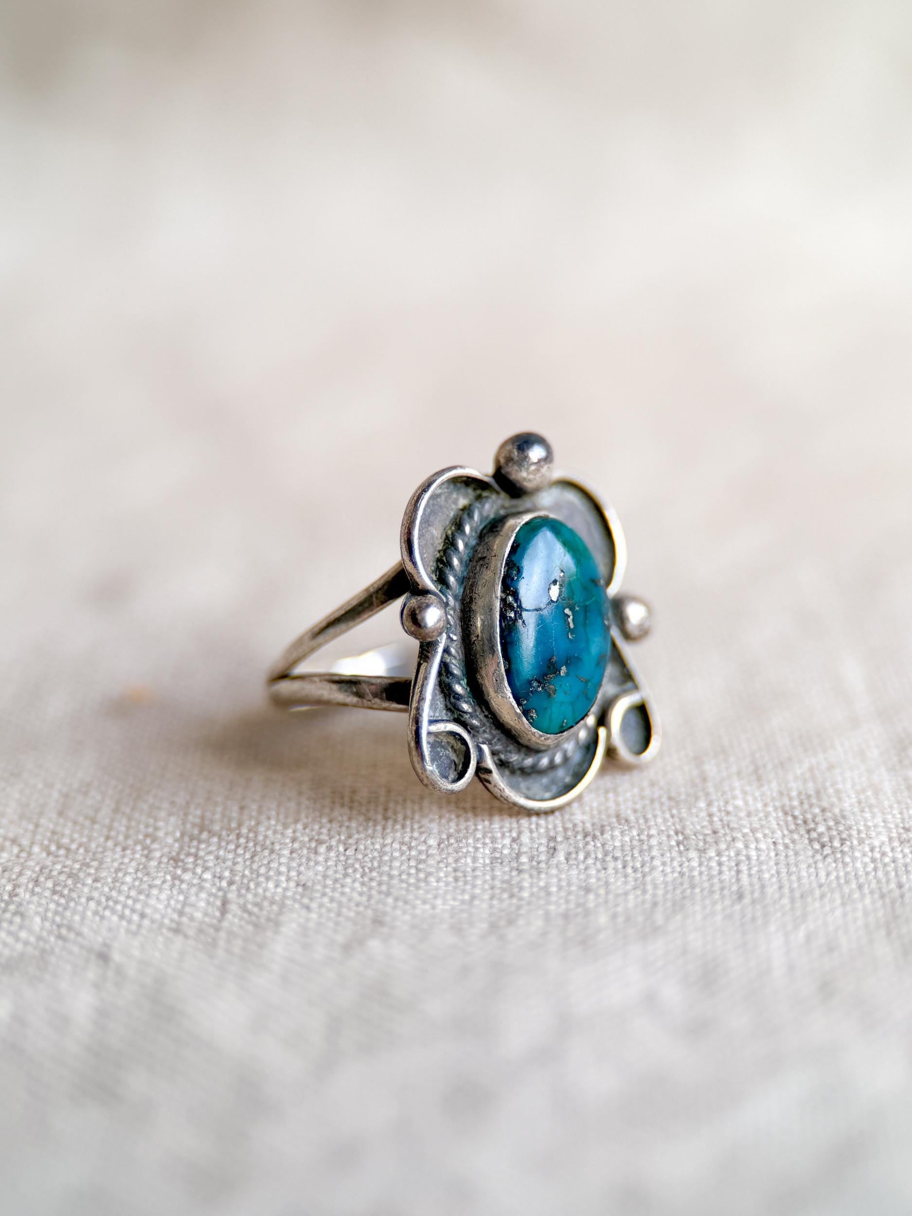 Vintage Turquoise Sterling Silver Scroll Statement Ring, Boho Jewelry