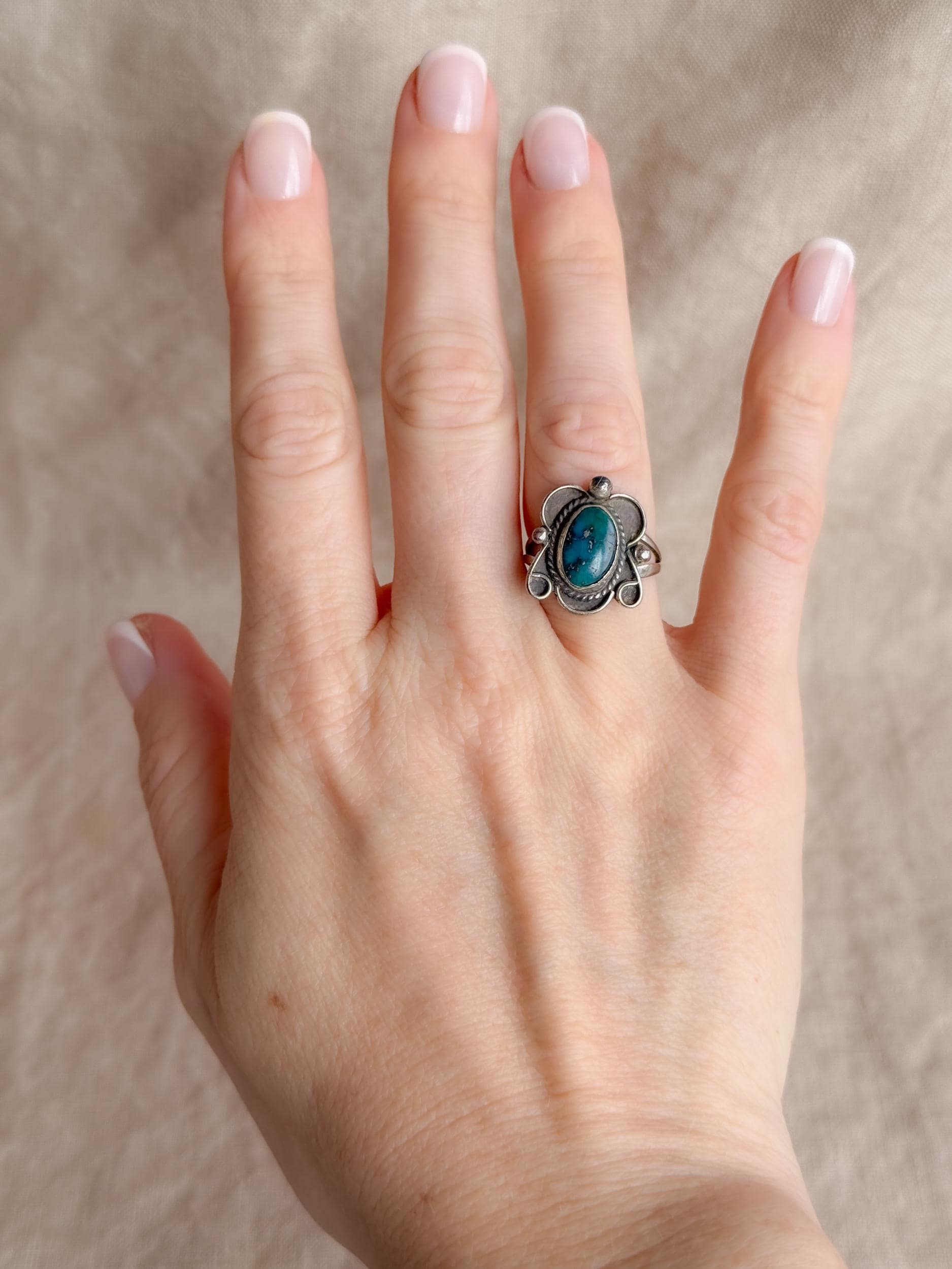 Vintage Turquoise Sterling Silver Scroll Statement Ring, Boho Jewelry