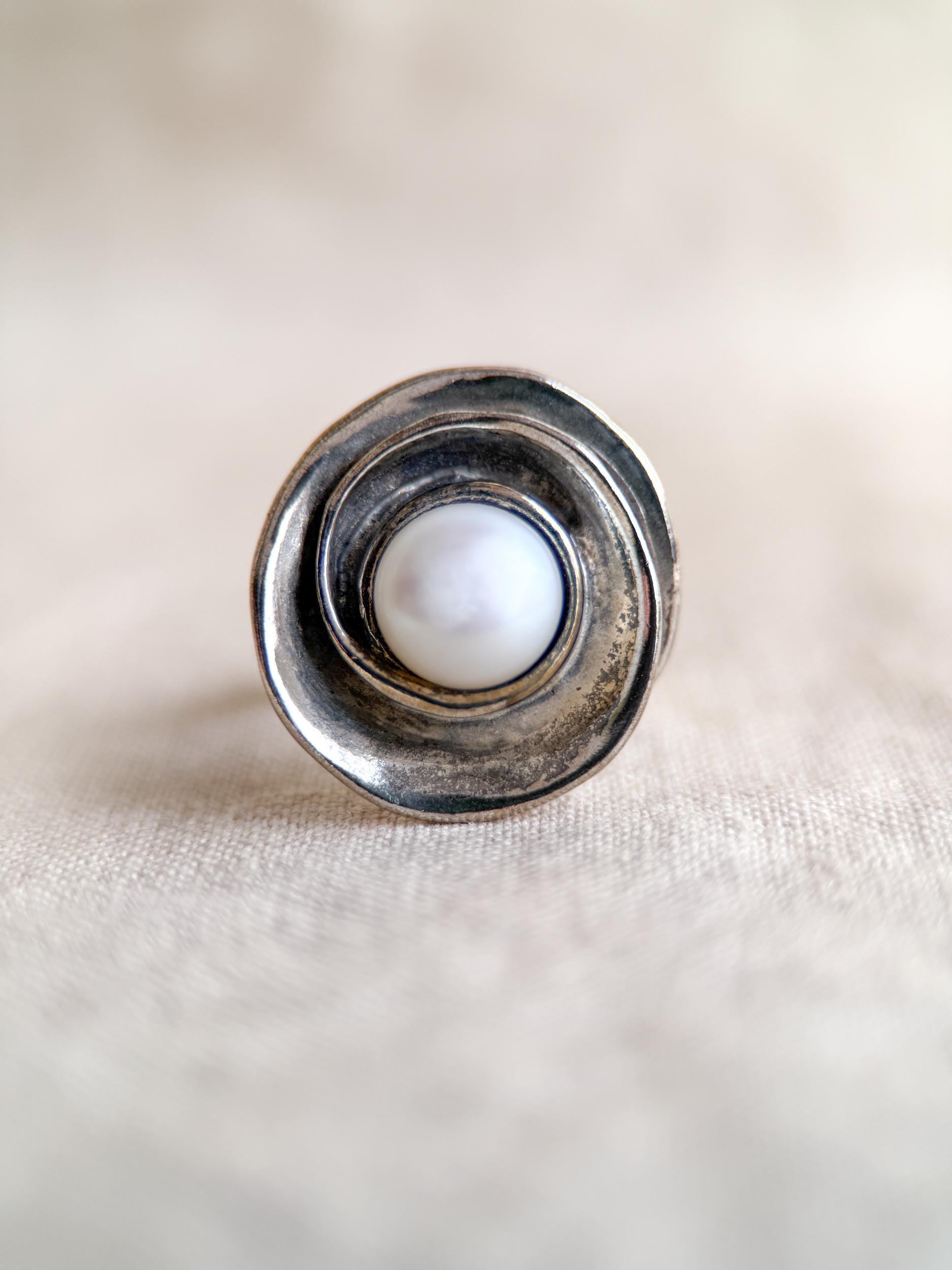 Vintage Sterling Silver Pearl Ring, Modern Disc Statement Boho Jewelry