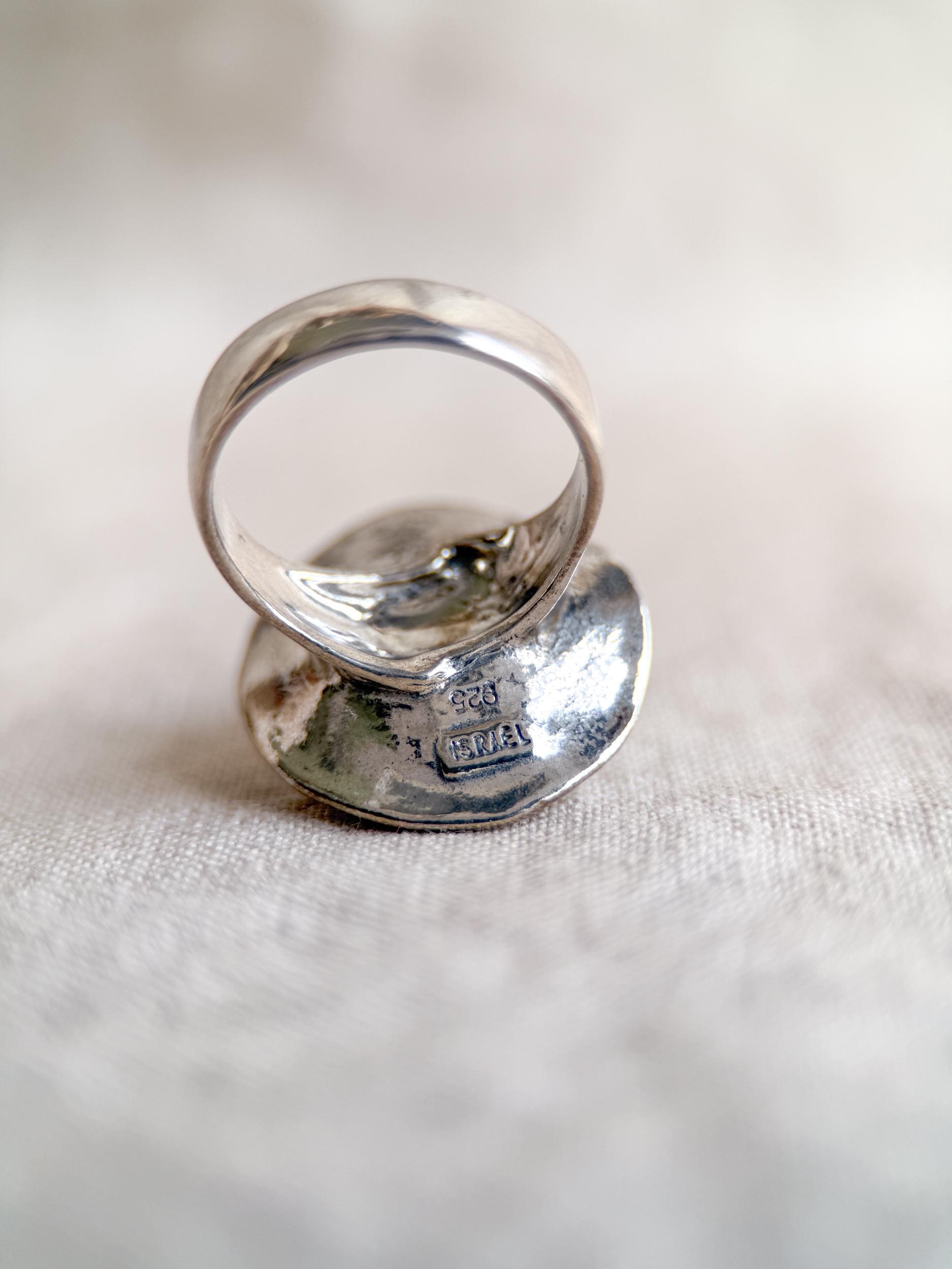 Vintage Sterling Silver Pearl Ring, Modern Disc Statement Boho Jewelry