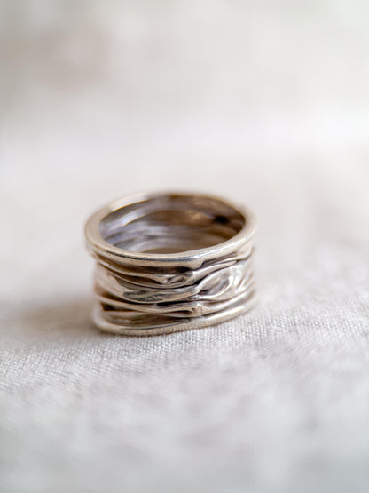 Vintage Crinkle Ring Sterling Silver, Wide Statement Band, Boho Silver Jewelry
