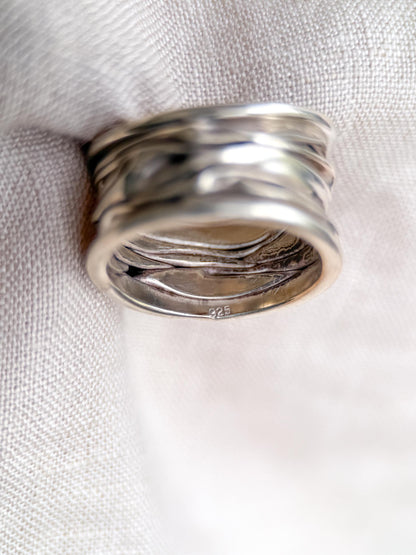 Vintage Crinkle Ring Sterling Silver, Wide Statement Band, Boho Silver Jewelry