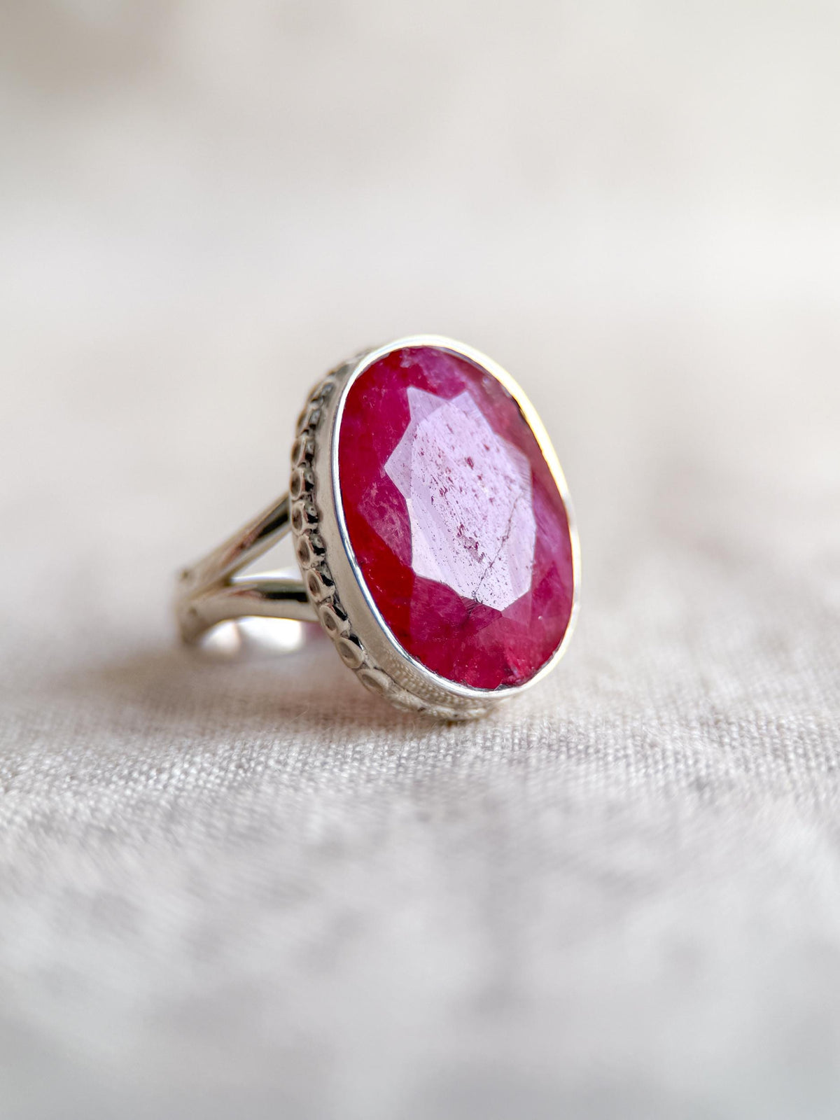 Vintage Sterling Silver Oval Ruby Statement Ring, Boho Artisan Jewelry