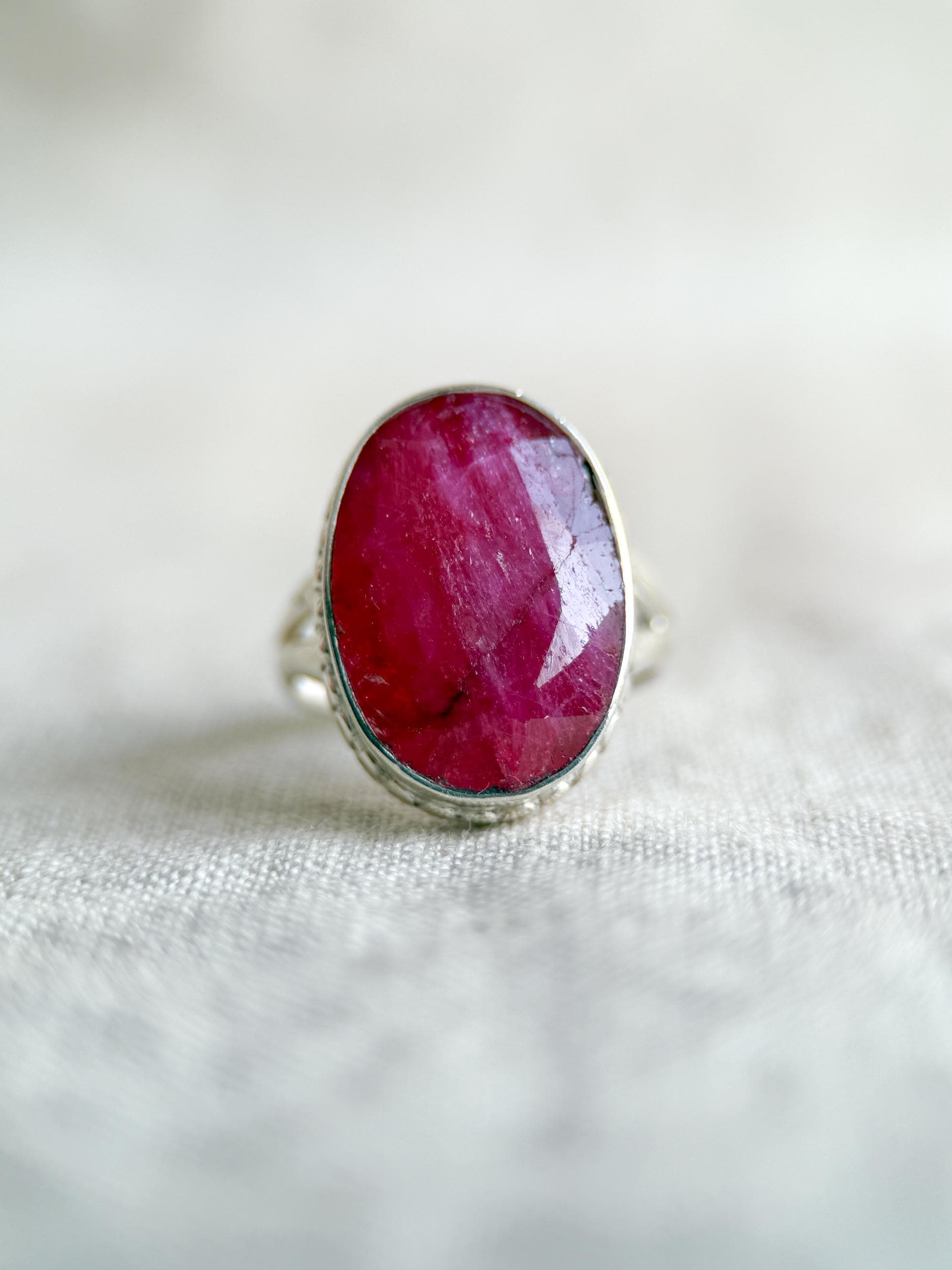Vintage Sterling Silver Oval Ruby Statement Ring, Boho Artisan Jewelry