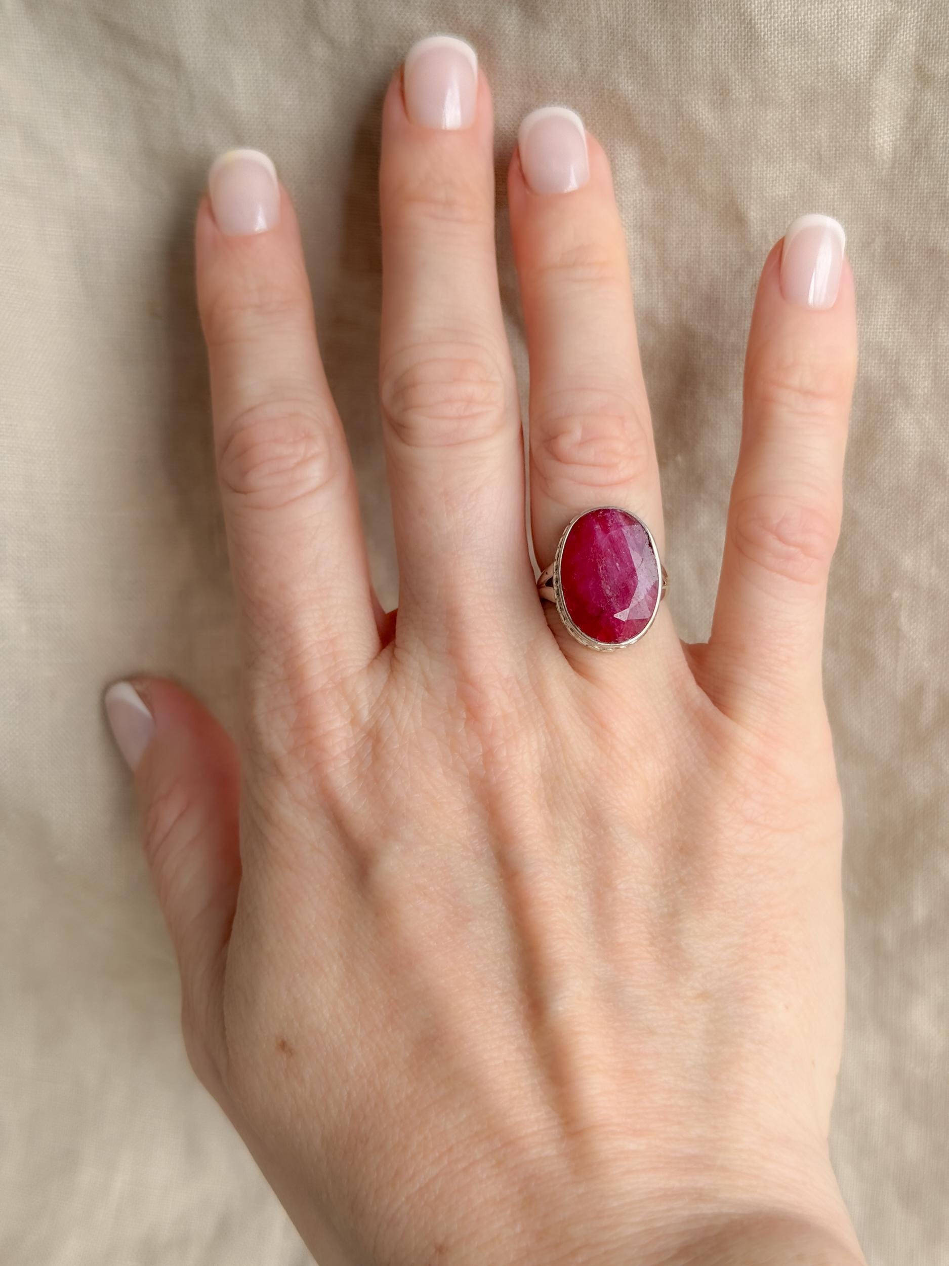 Vintage Sterling Silver Oval Ruby Statement Ring, Boho Artisan Jewelry