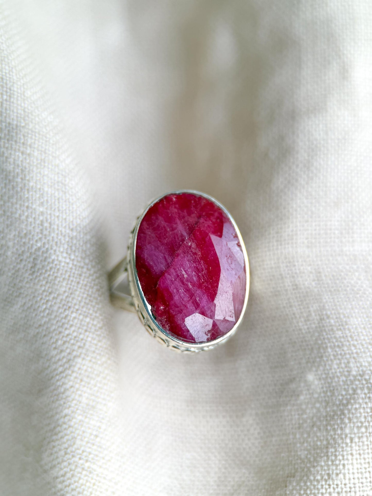 Vintage Sterling Silver Oval Ruby Statement Ring, Boho Artisan Jewelry