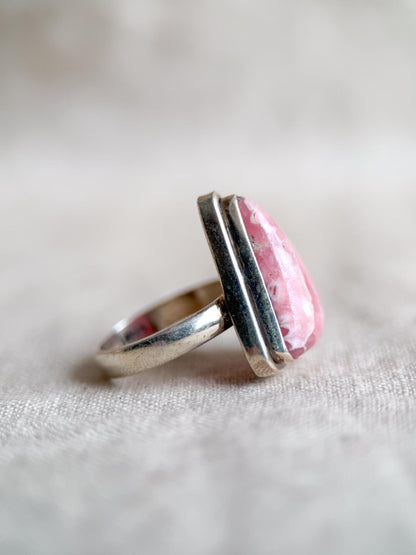 Vintage Rhodochrosite Sterling Silver Ring, Pink Triangle Statement Boho Jewelry