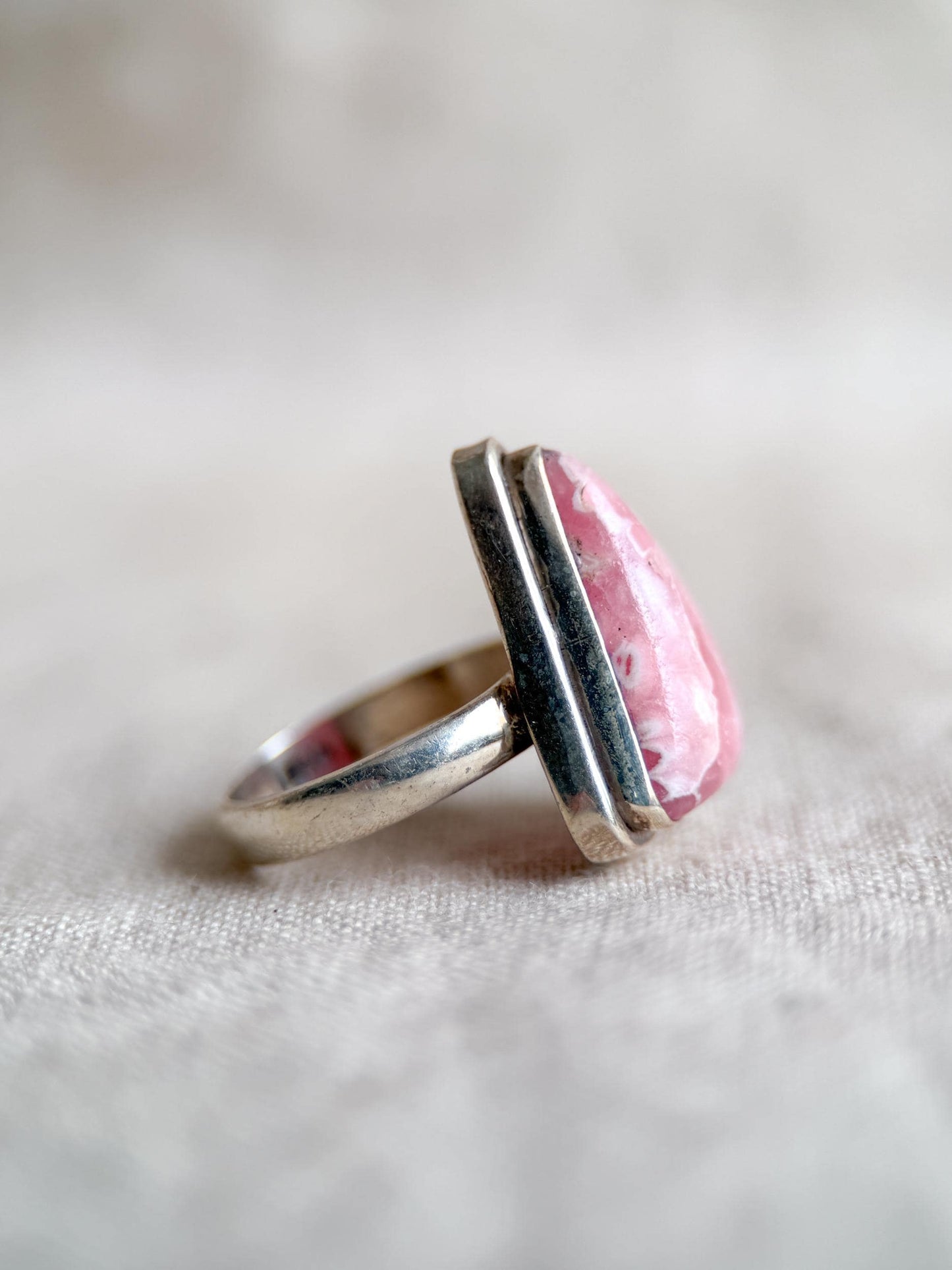 Vintage Rhodochrosite Sterling Silver Ring, Pink Triangle Statement Boho Jewelry