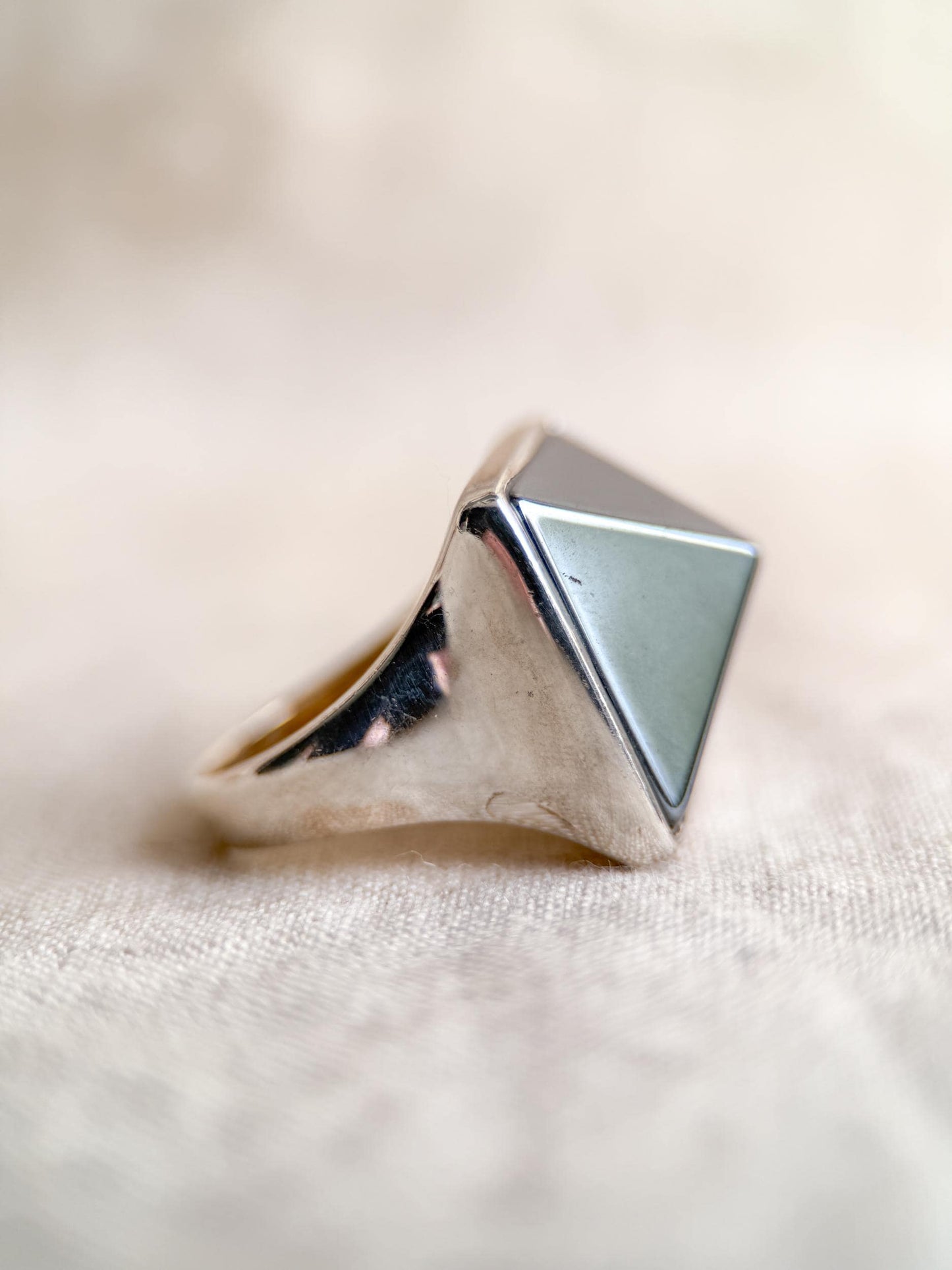 Vintage Hematite Pyramid Ring, Sterling Silver Boho Statement Jewelry