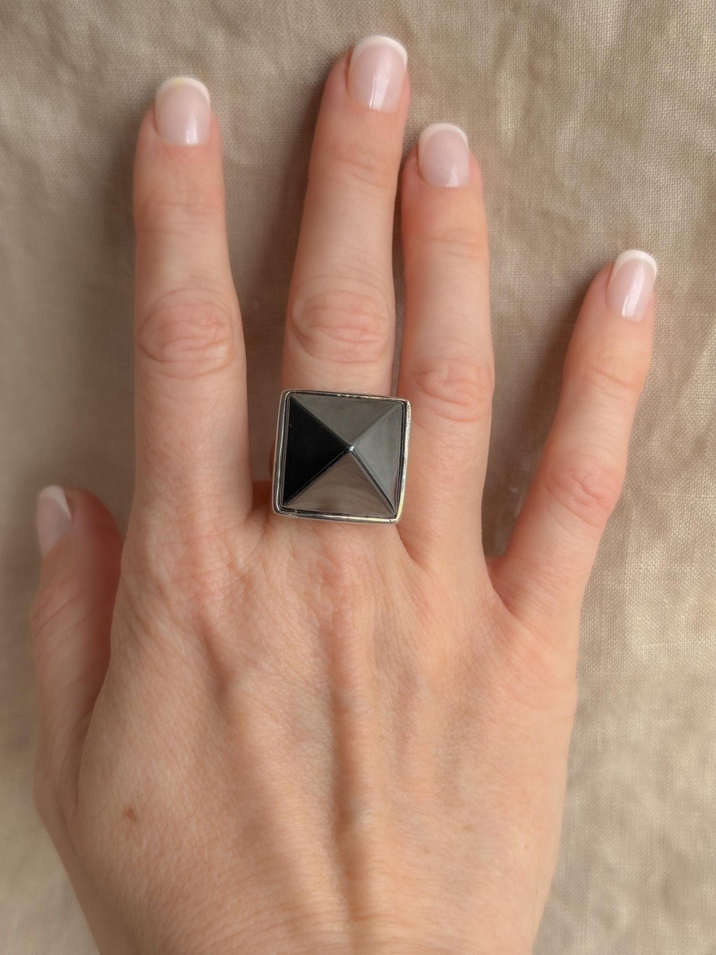 Vintage Hematite Pyramid Ring, Sterling Silver Boho Statement Jewelry