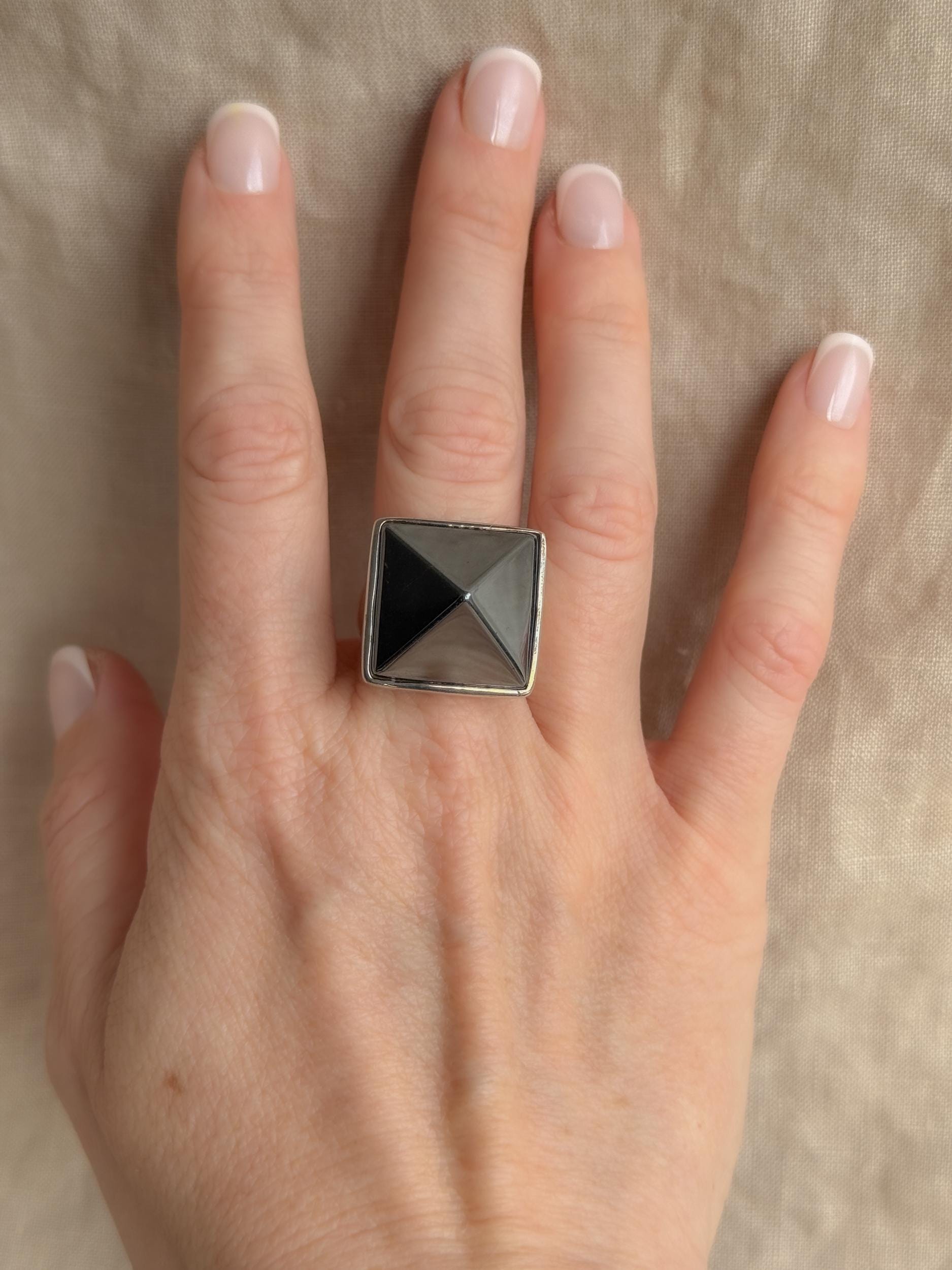 Vintage Hematite Pyramid Ring, Sterling Silver Boho Statement Jewelry