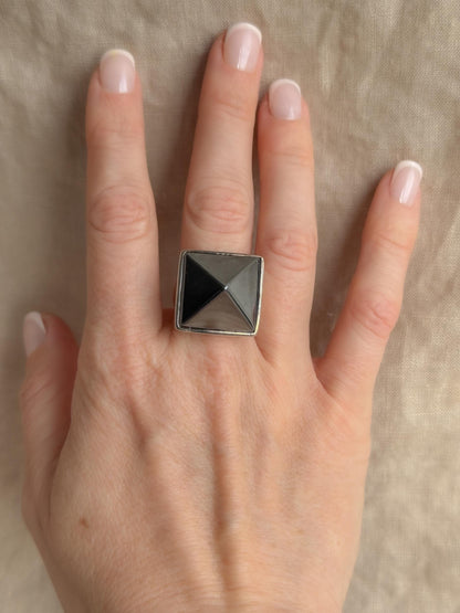 Vintage Hematite Pyramid Ring, Sterling Silver Boho Statement Jewelry