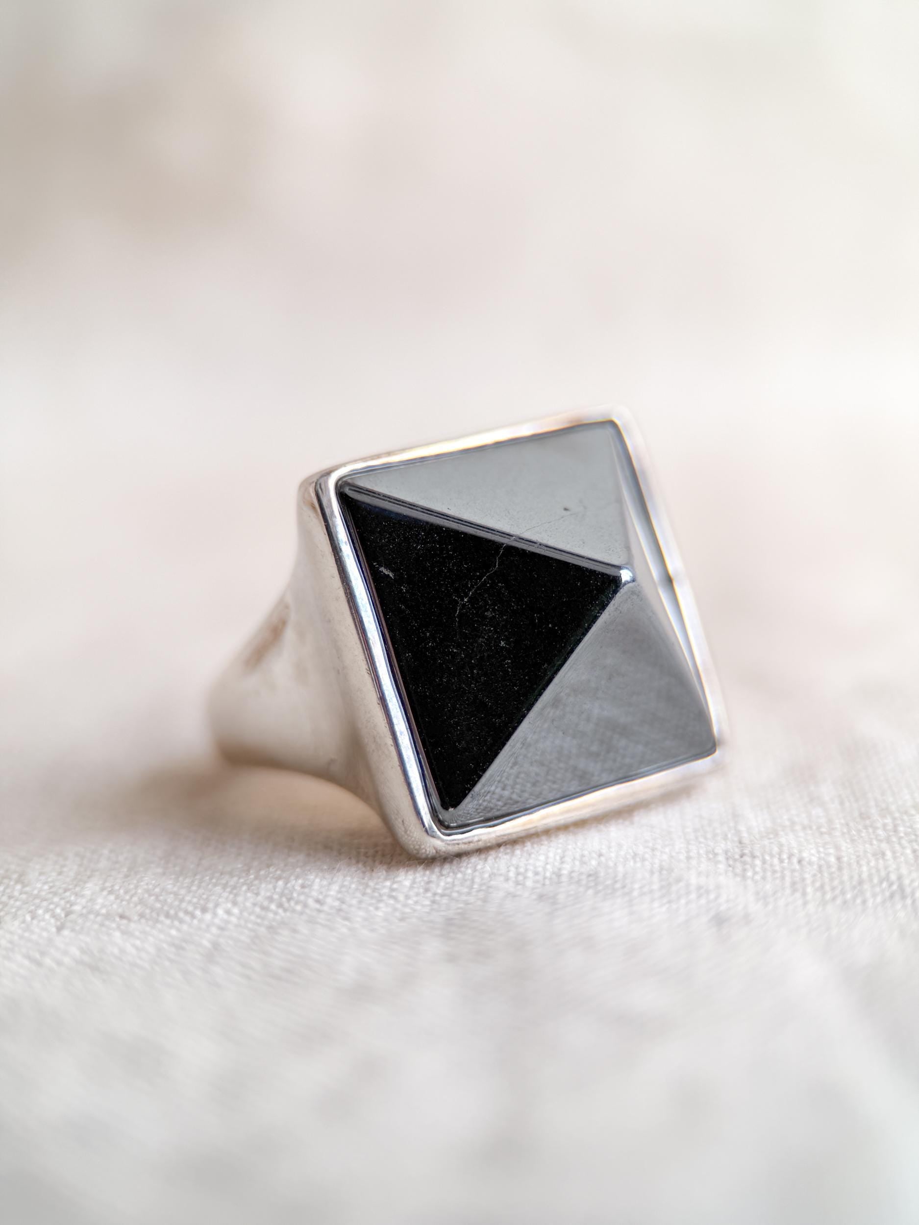 Vintage Hematite Pyramid Ring, Sterling Silver Boho Statement Jewelry