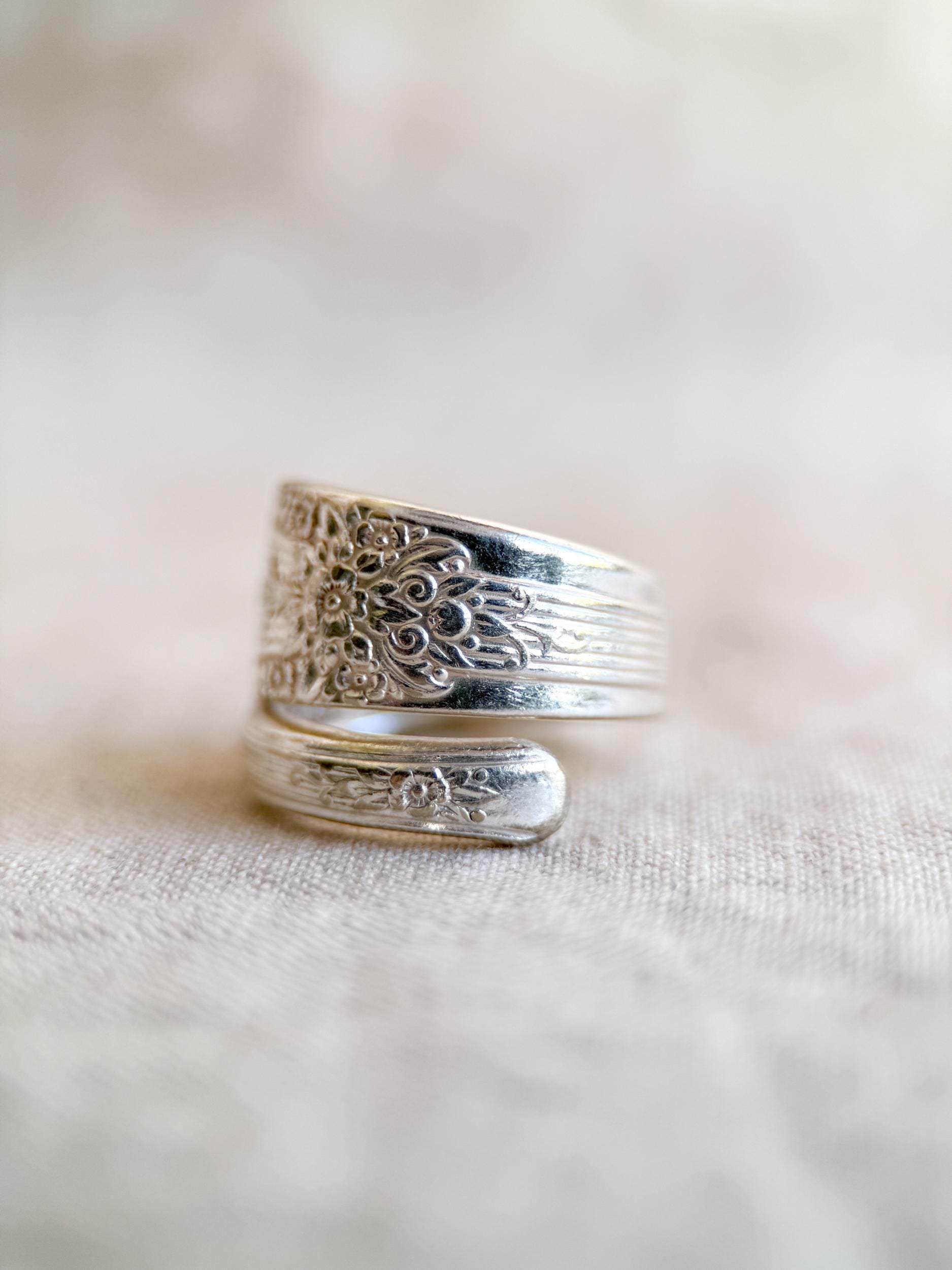Vintage Sterling Silver Floral Spoon Ring, Statement Jewelry US 9
