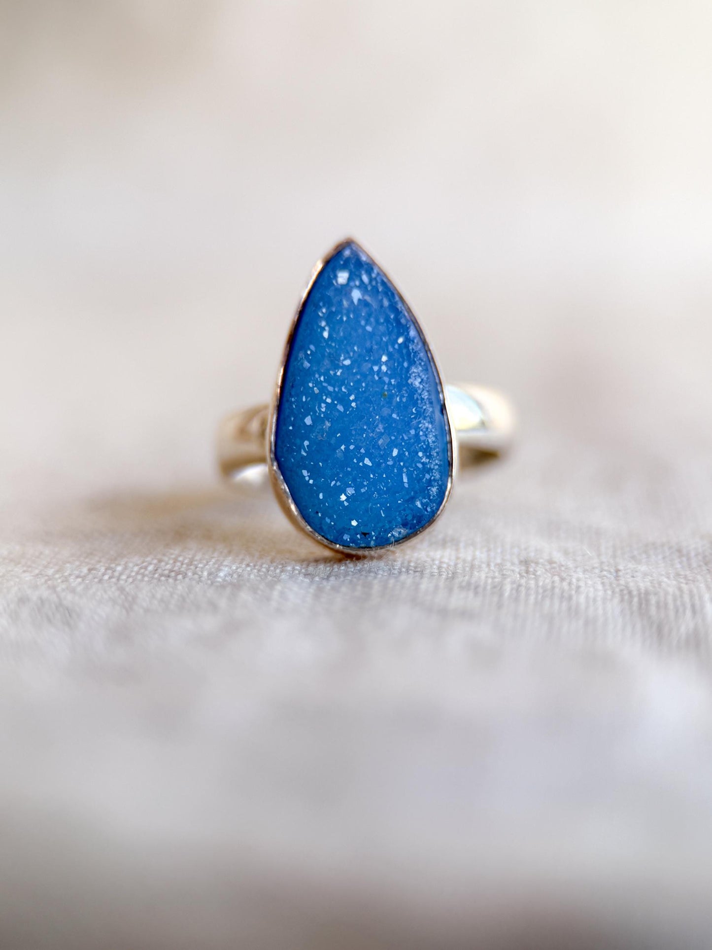 Vintage Sterling Silver Druzy Teardrop Ring, Boho Statement Jewelry
