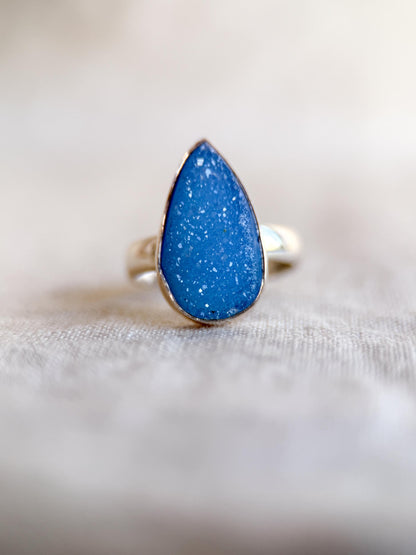 Vintage Sterling Silver Druzy Teardrop Ring, Boho Statement Jewelry