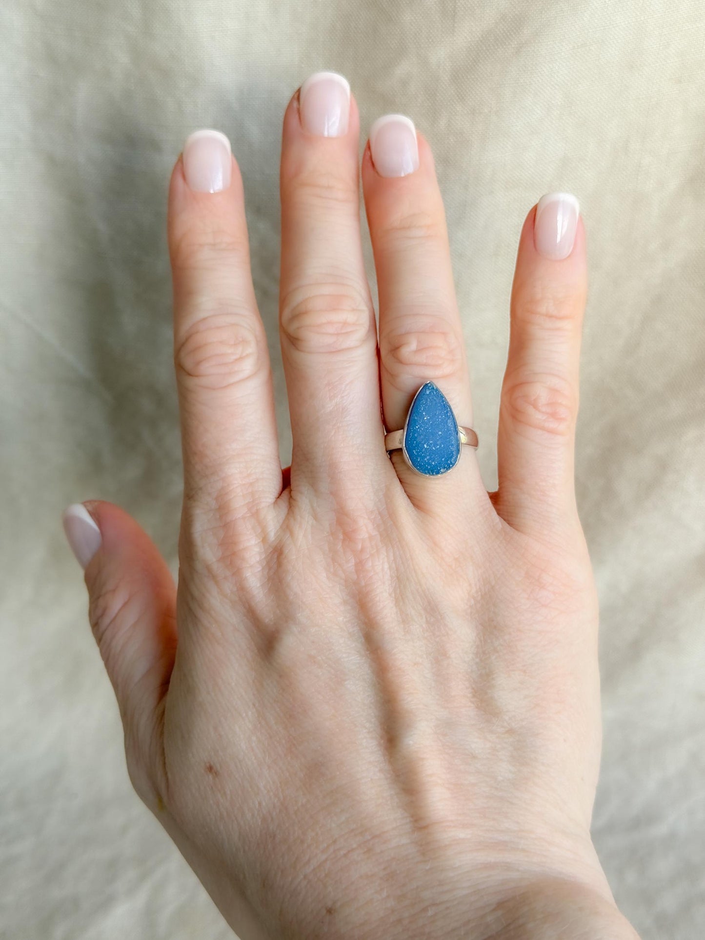 Vintage Sterling Silver Druzy Teardrop Ring, Boho Statement Jewelry