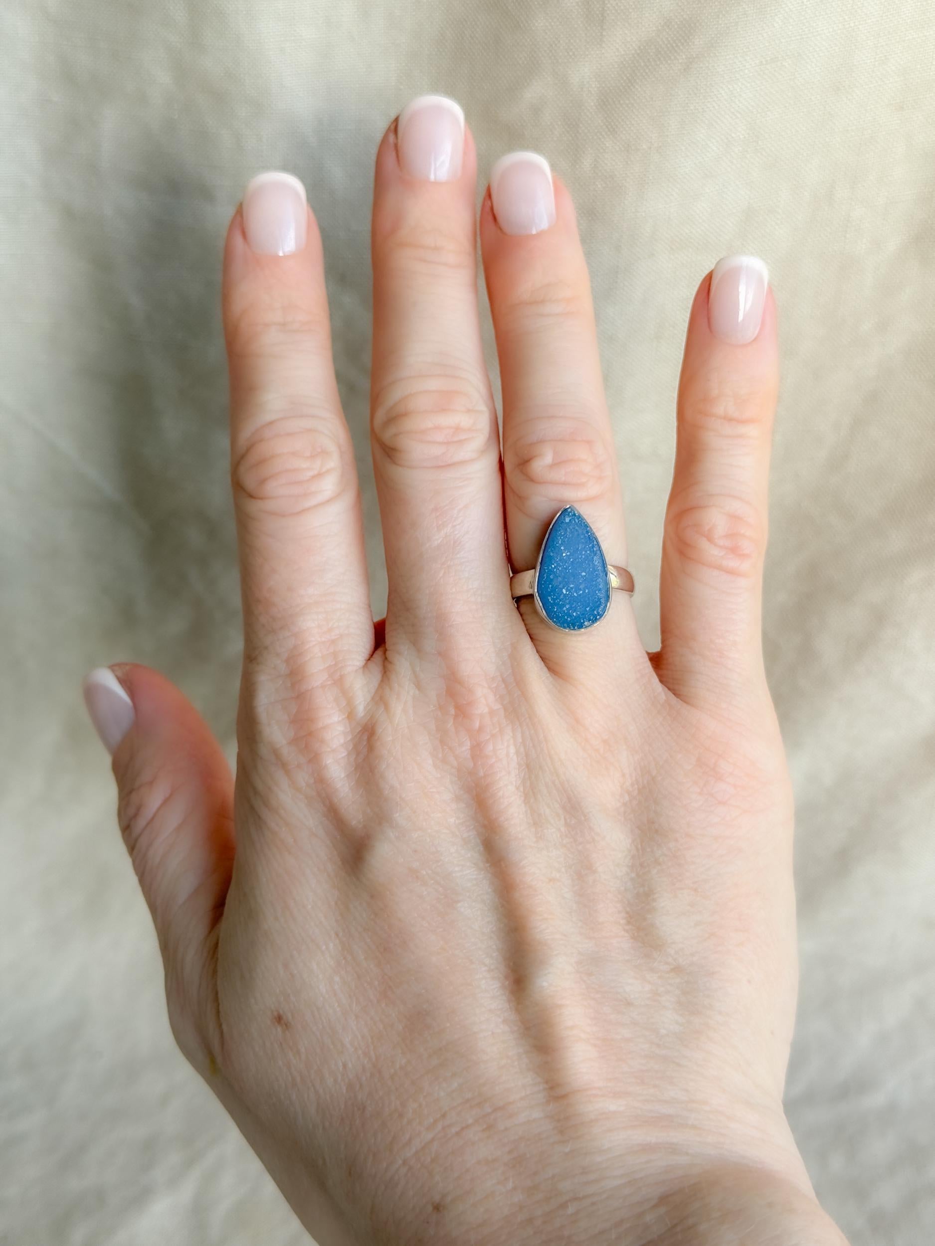 Vintage Sterling Silver Druzy Teardrop Ring, Boho Statement Jewelry