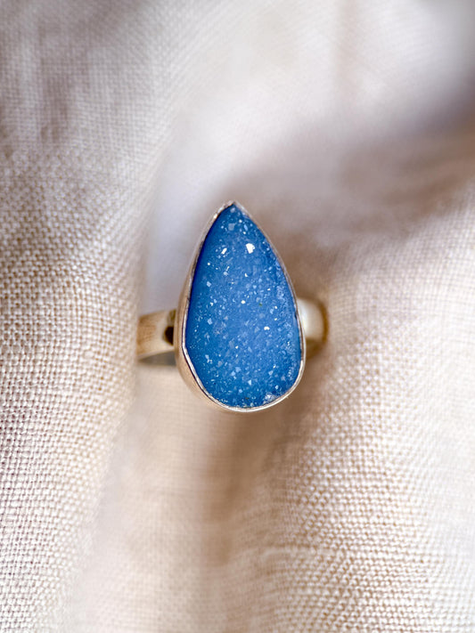 Vintage Sterling Silver Druzy Teardrop Ring, Boho Statement Jewelry