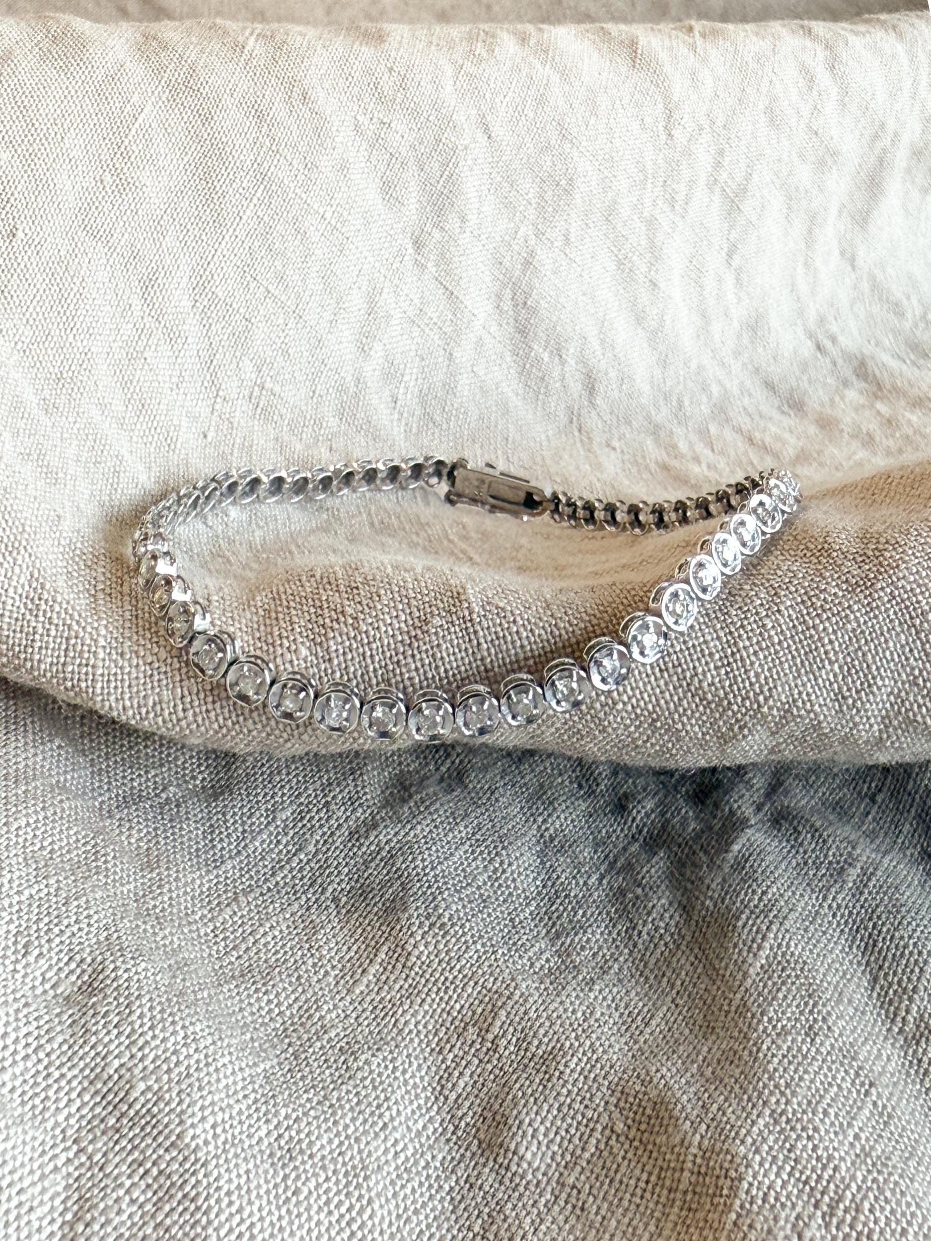 Vintage Diamond Tennis Bracelet, Round Cut, 18k White Gold, 1990s Prong Enhancer Link Bracelet