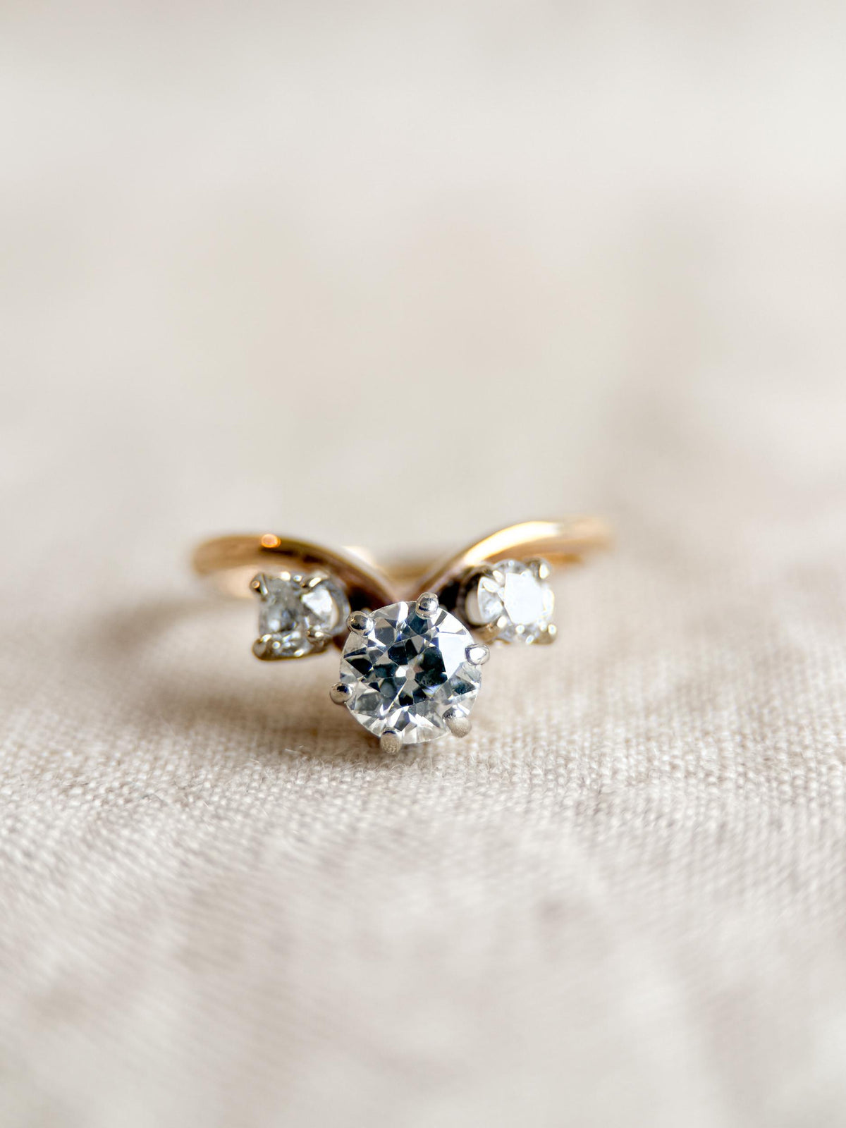 Antique 1920s Three Stone Diamond Engagement Ring, 14k Gold