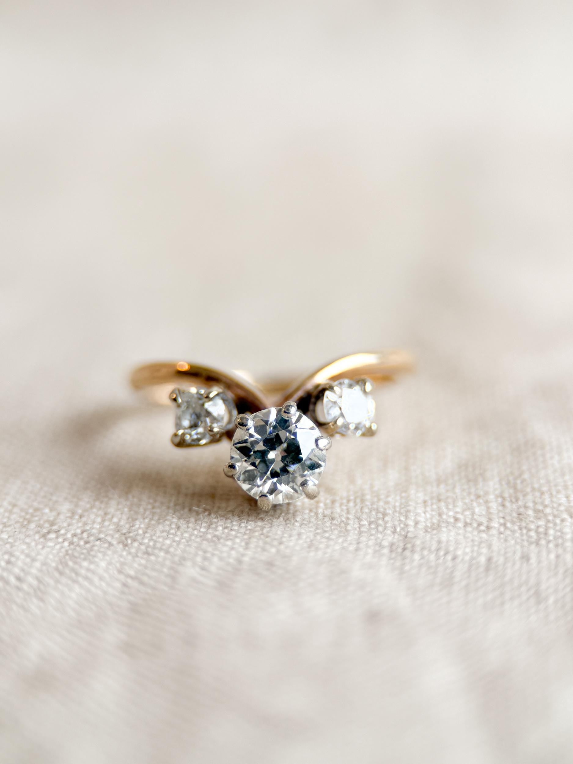 Antique 1920s Three Stone Diamond Engagement Ring, 14k Gold