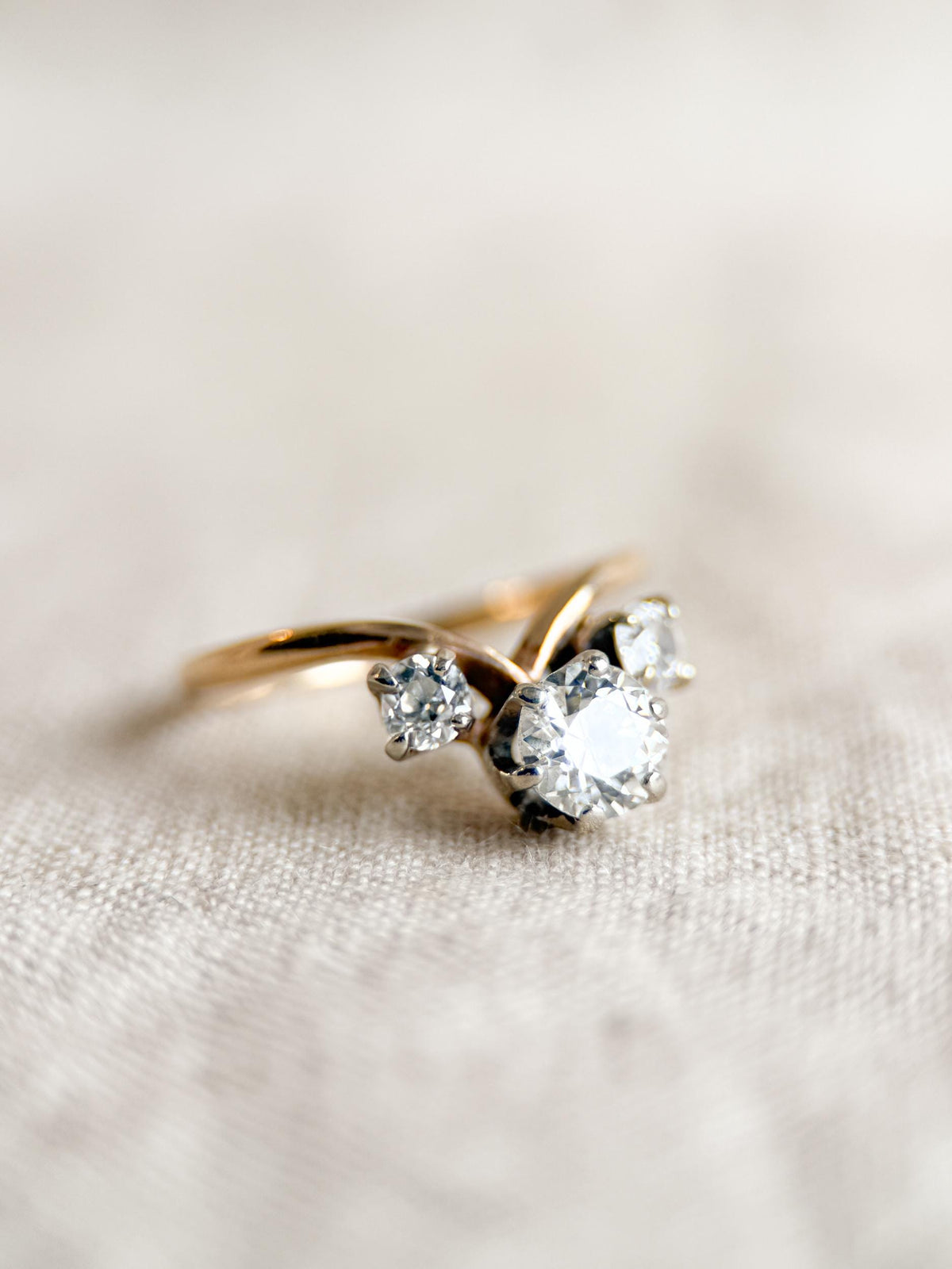 Antique 1920s Three Stone Diamond Engagement Ring, 14k Gold