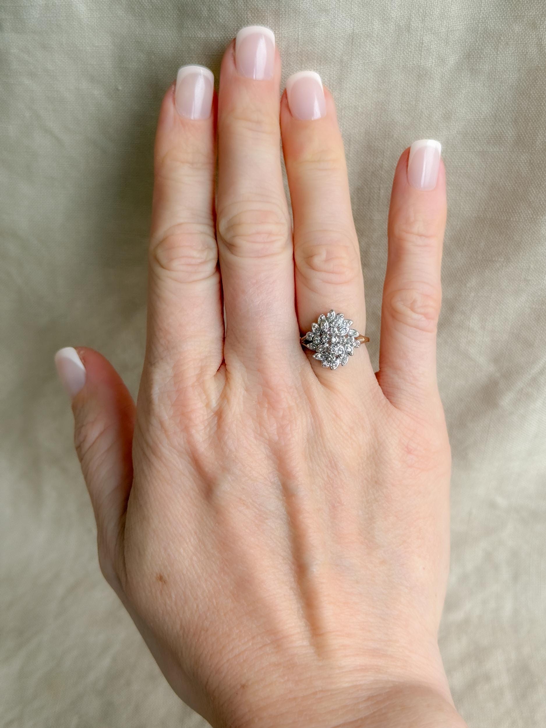 Vintage 1970s Diamond Cluster Ring in 14k Gold - Timeless Sustainability • Vintage Fine Jewelry