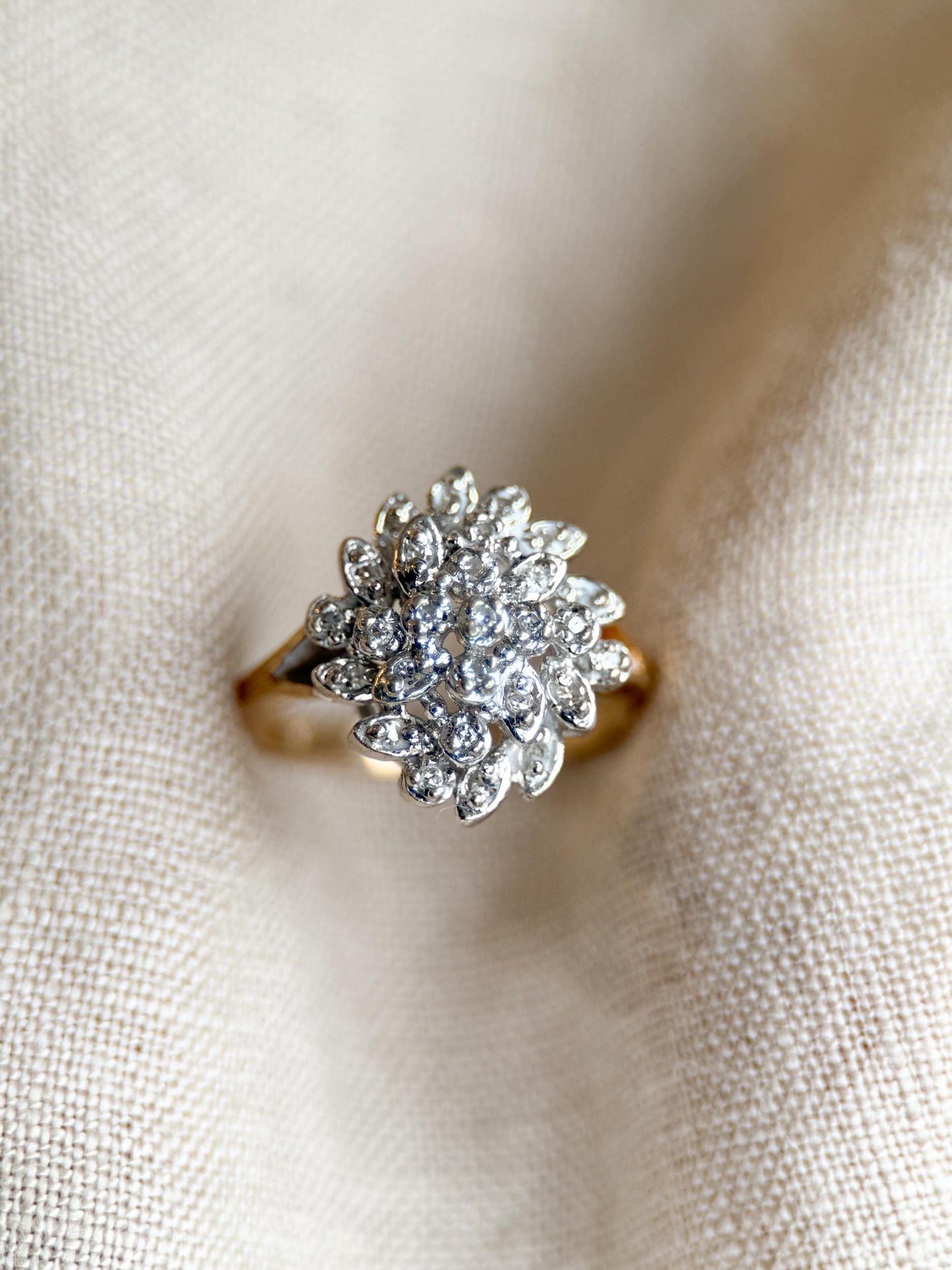 Vintage 1970s Diamond Cluster Ring in 14k Gold - Timeless Sustainability • Vintage Fine Jewelry