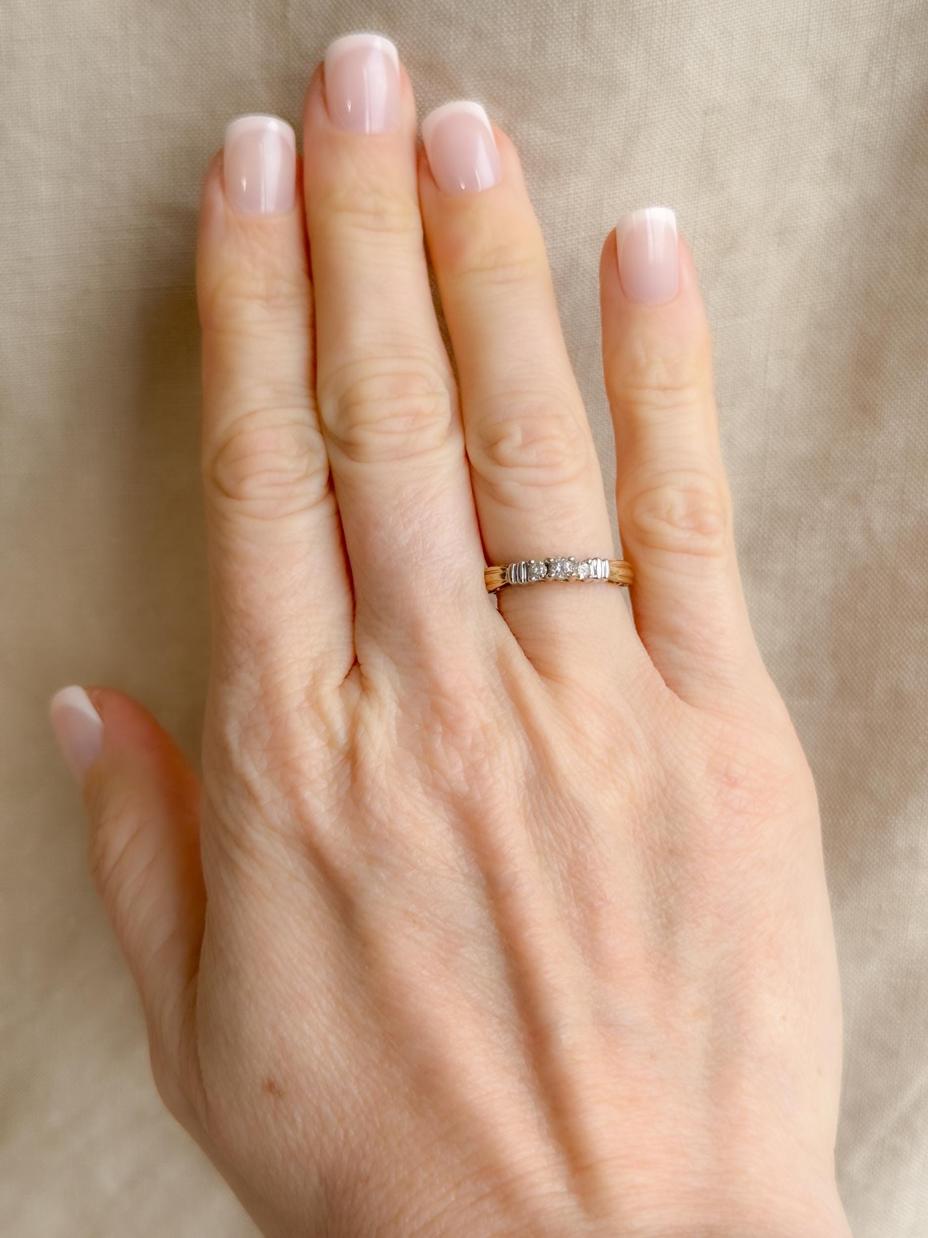 Vintage Diamond Engagement Ring, 10k Gold, Round Cut Three Stone Bridal Jewelry