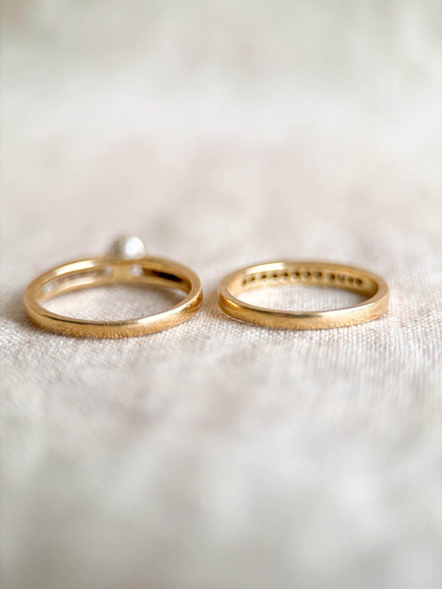 Vintage Diamond Engagement and Wedding Rings, Round Cut, 14k Gold, Prong & Channel Bridal Set