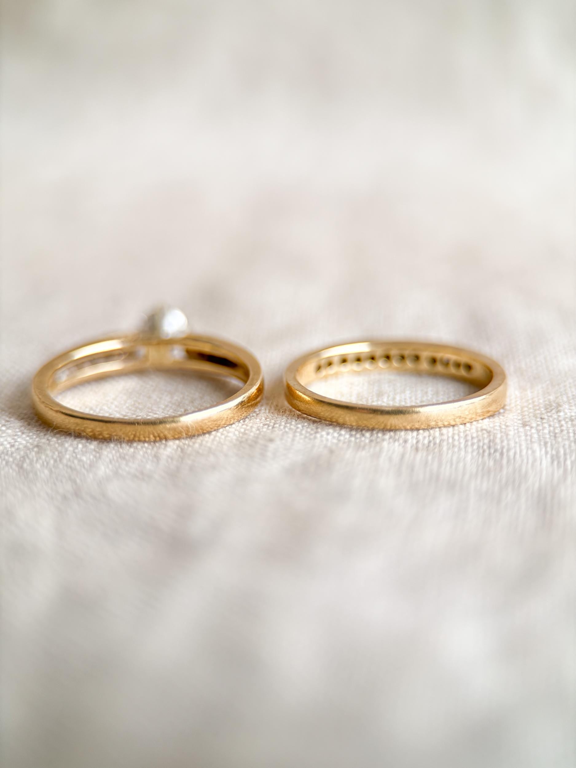 Vintage Diamond Engagement and Wedding Rings, Round Cut, 14k Gold, Prong & Channel Bridal Set