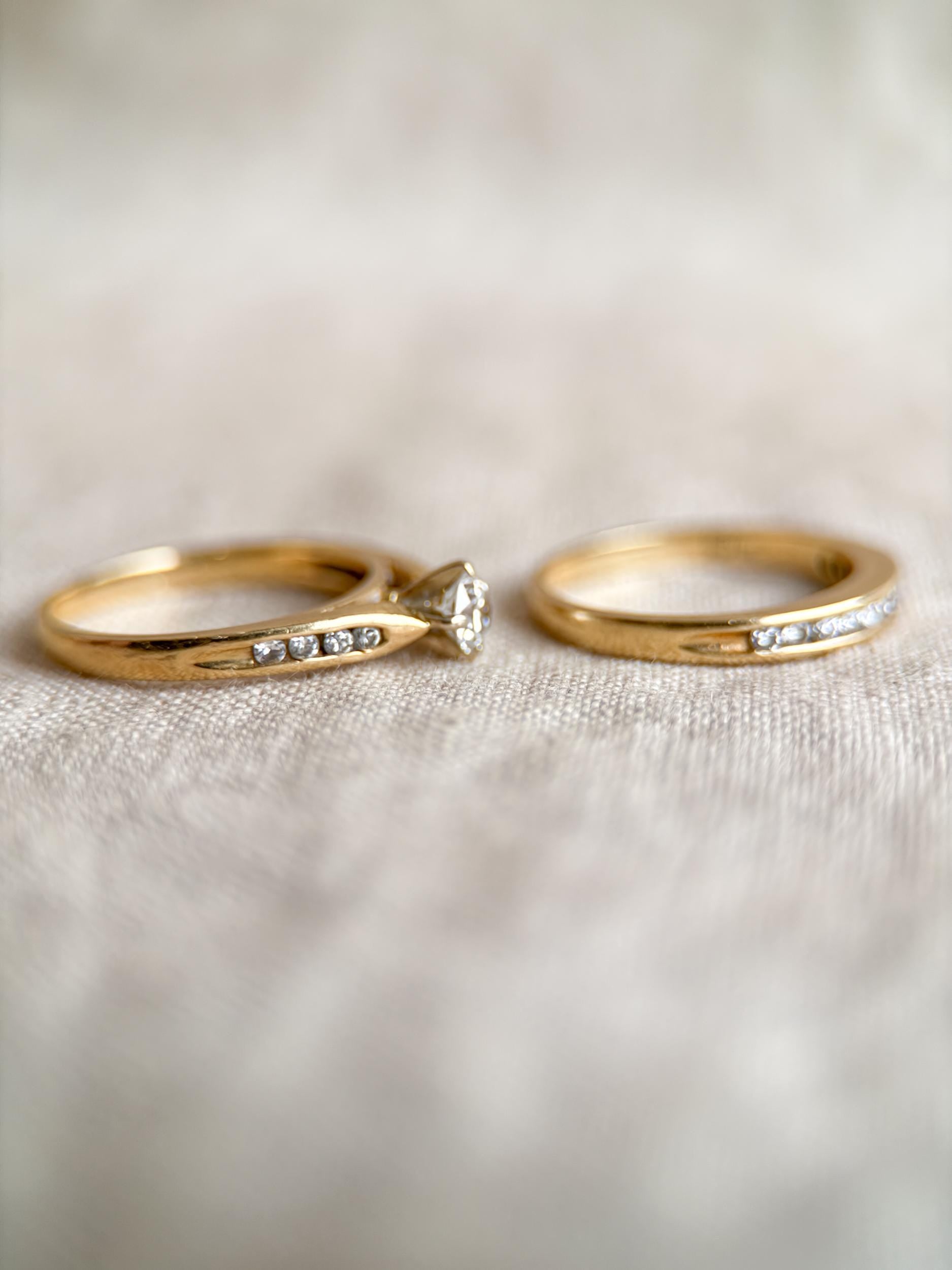 Vintage Diamond Engagement and Wedding Rings, Round Cut, 14k Gold, Prong & Channel Bridal Set