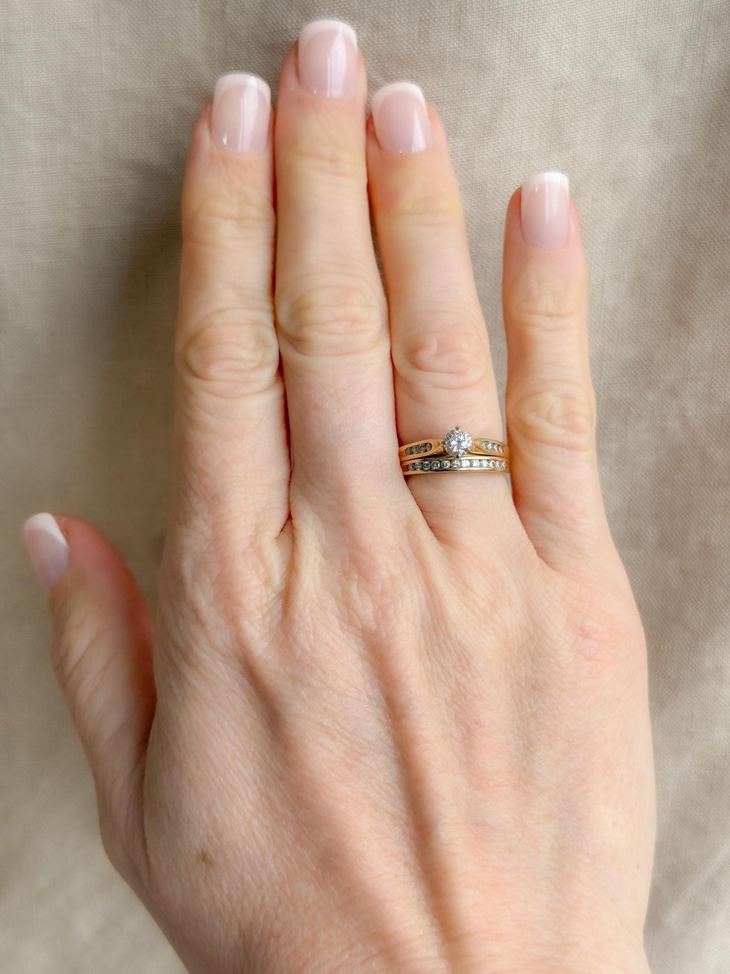 Vintage Diamond Engagement and Wedding Rings, Round Cut, 14k Gold, Prong & Channel Bridal Set