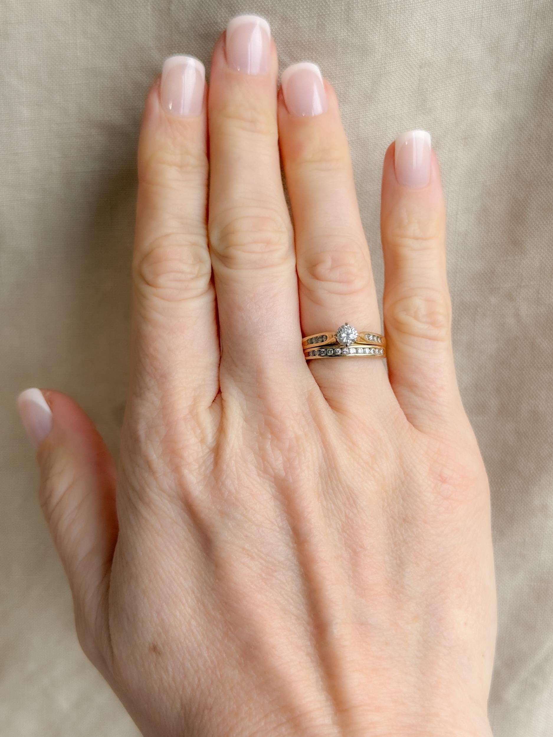Vintage Diamond Engagement and Wedding Rings, Round Cut, 14k Gold, Prong & Channel Bridal Set