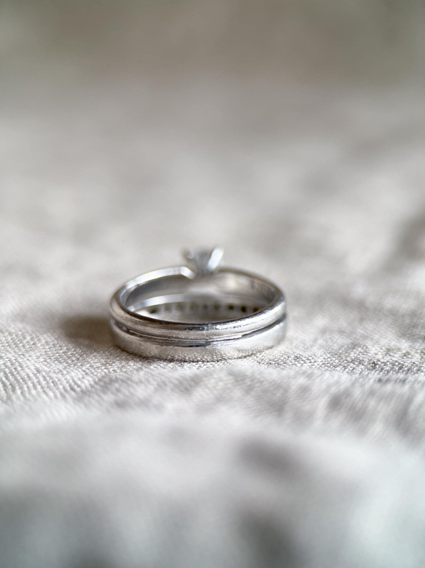 Vintage Diamond Engagement & Wedding Ring, Round Cut, Platinum, 1990s Solitaire Channel Bridal Set