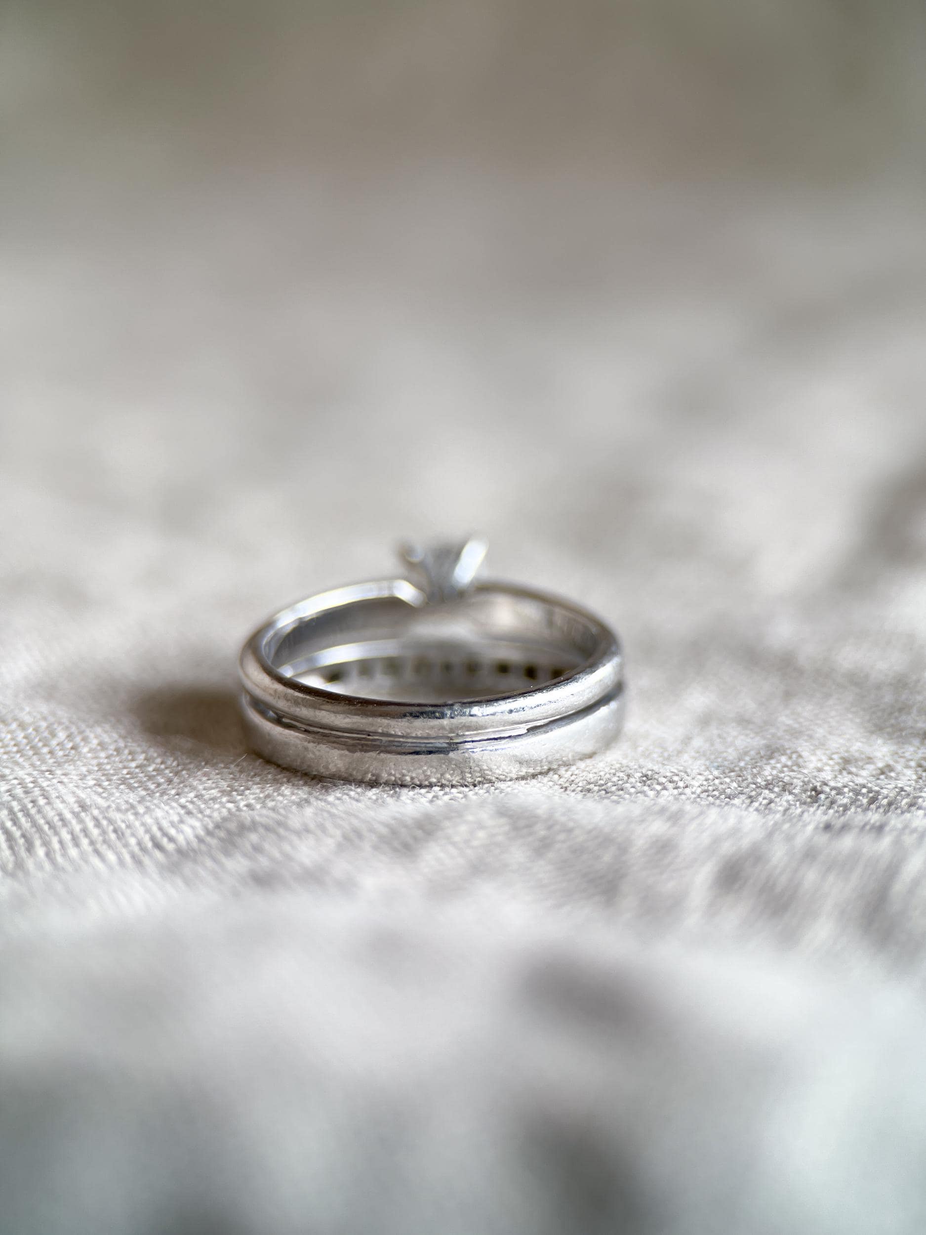 Vintage Diamond Engagement & Wedding Ring, Round Cut, Platinum, 1990s Solitaire Channel Bridal Set