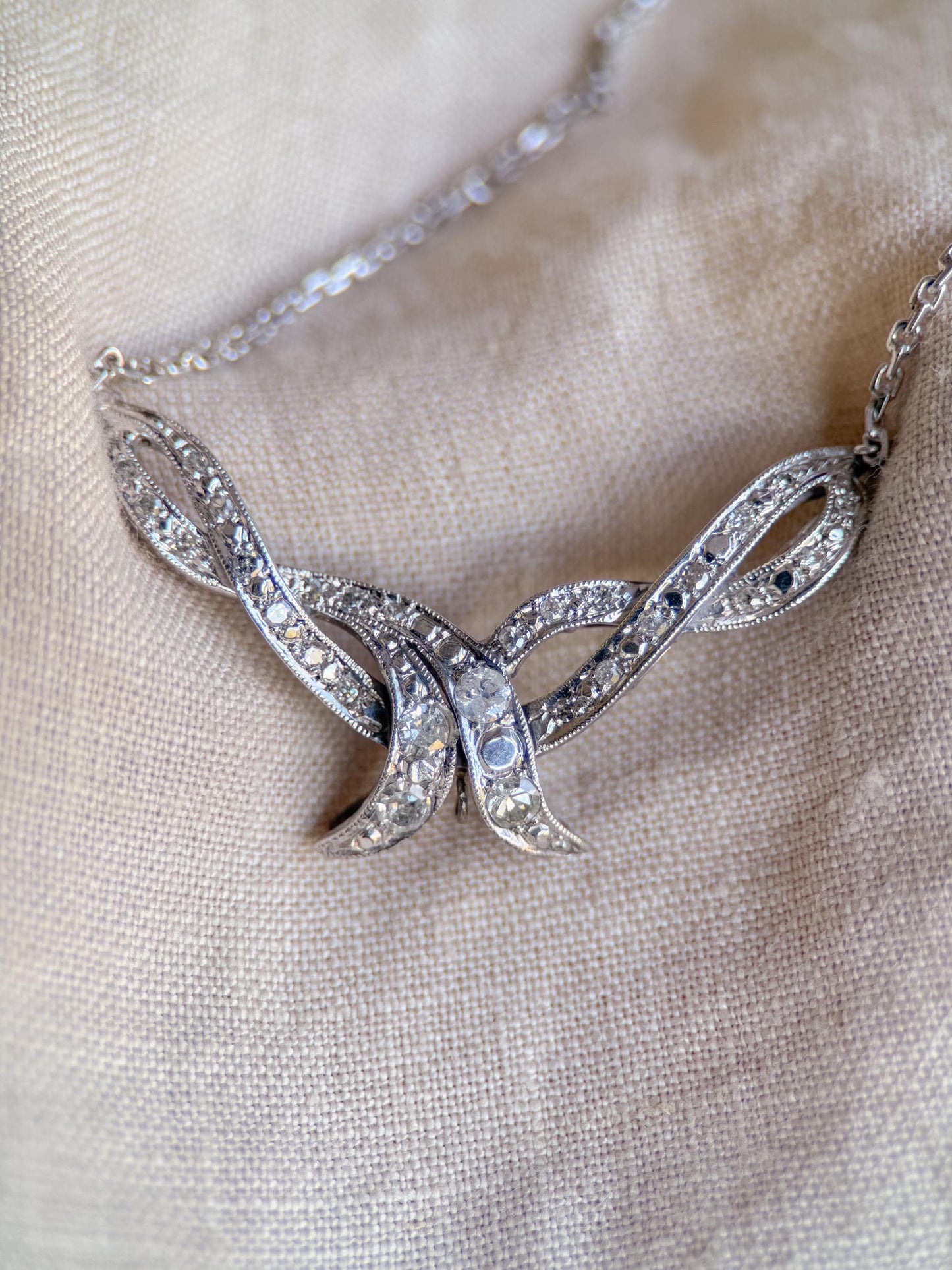 Antique 1920s Diamond Ribbon Pendant Necklace, 14k White Gold