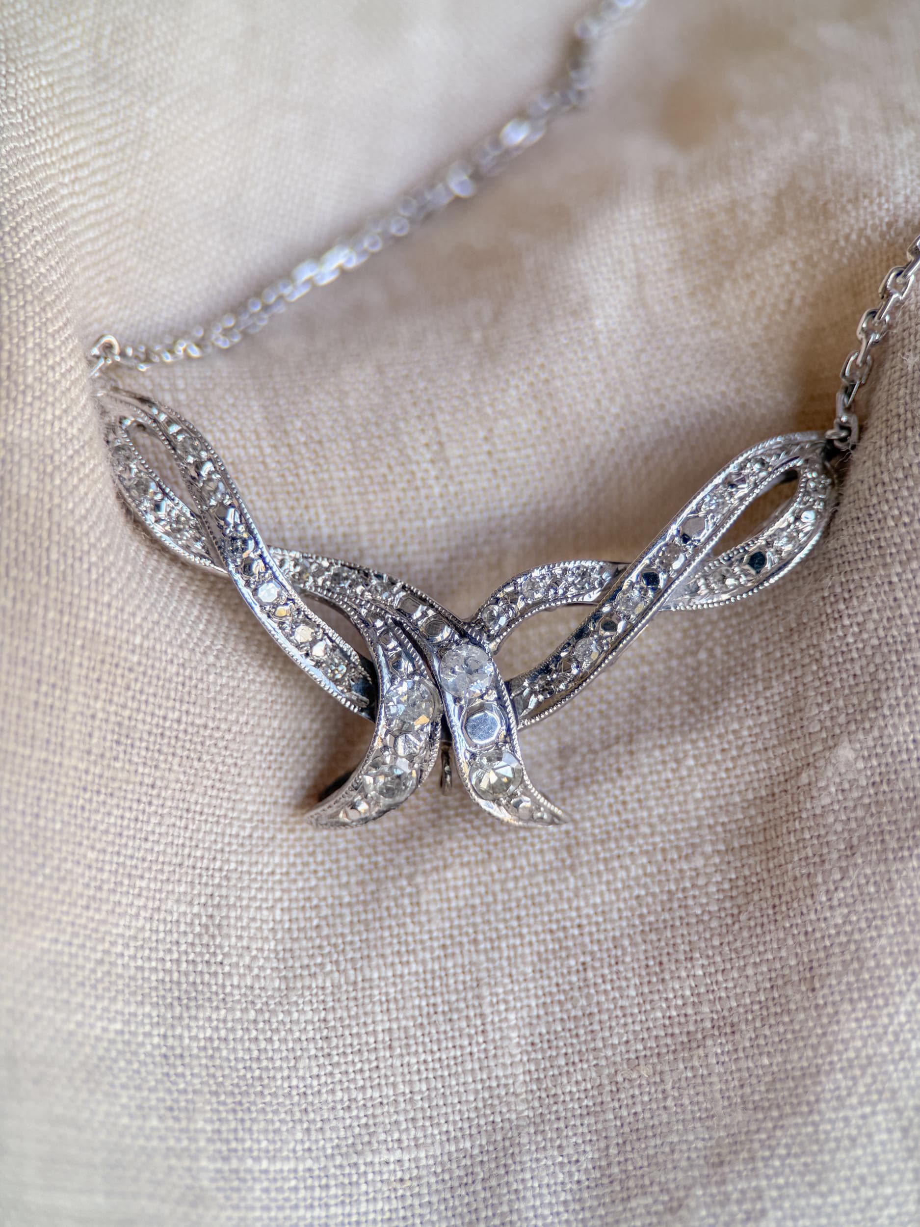 Antique 1920s Diamond Ribbon Pendant Necklace, 14k White Gold