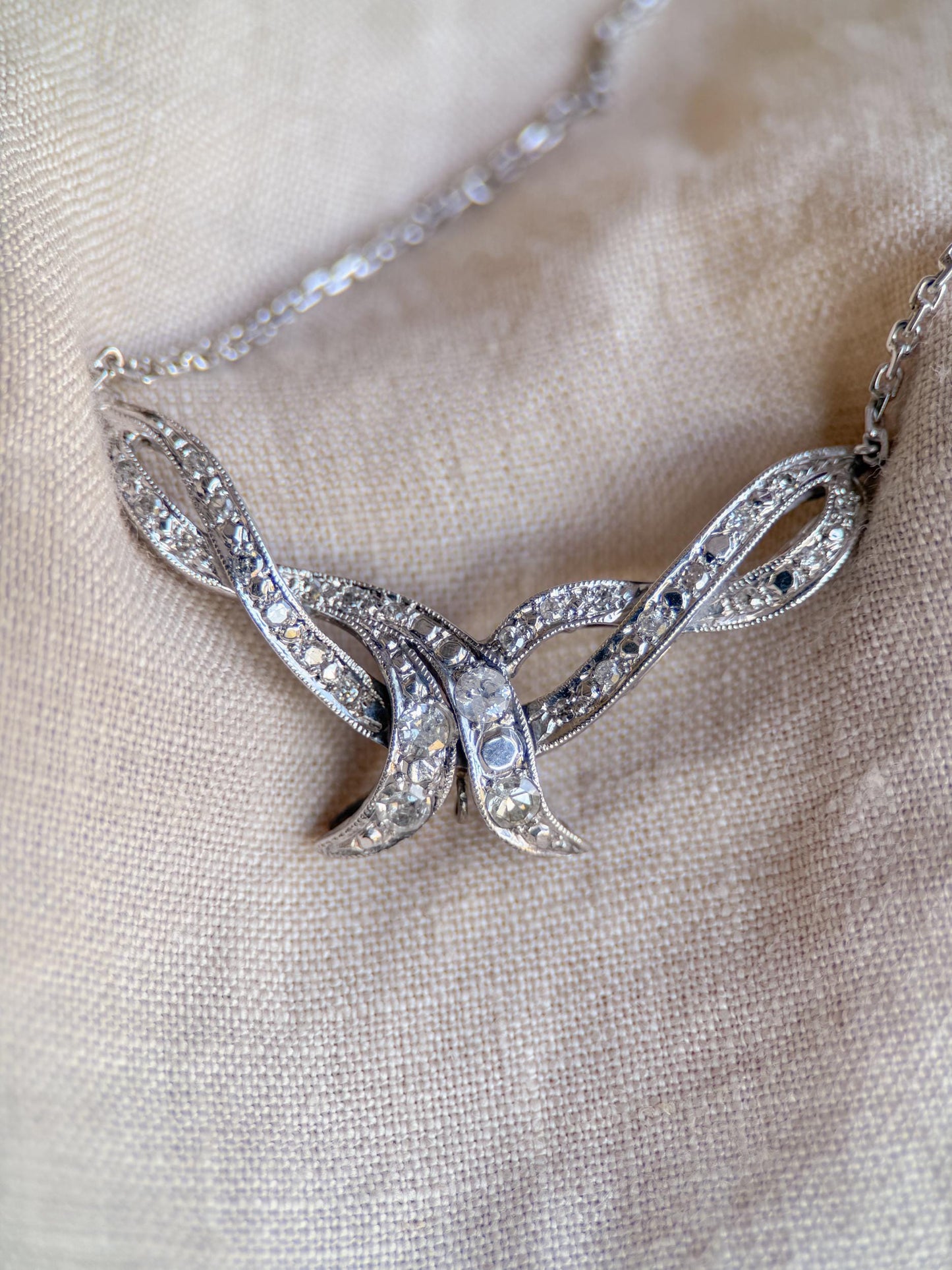 Antique 1920s Diamond Ribbon Pendant Necklace, 14k White Gold