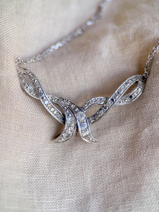 Antique 1920s Diamond Ribbon Pendant Necklace, 14k White Gold