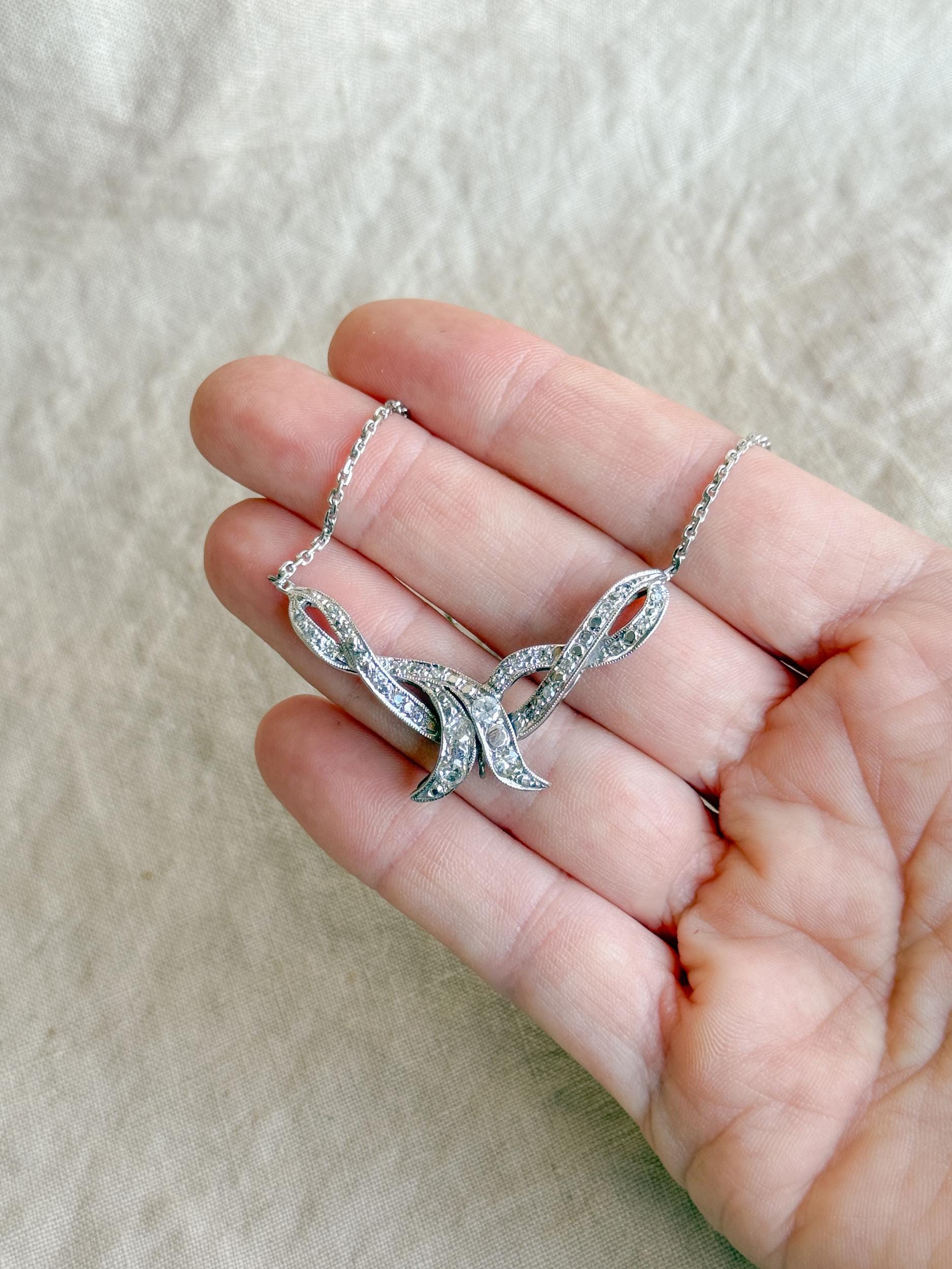 Antique 1920s Diamond Ribbon Pendant Necklace, 14k White Gold