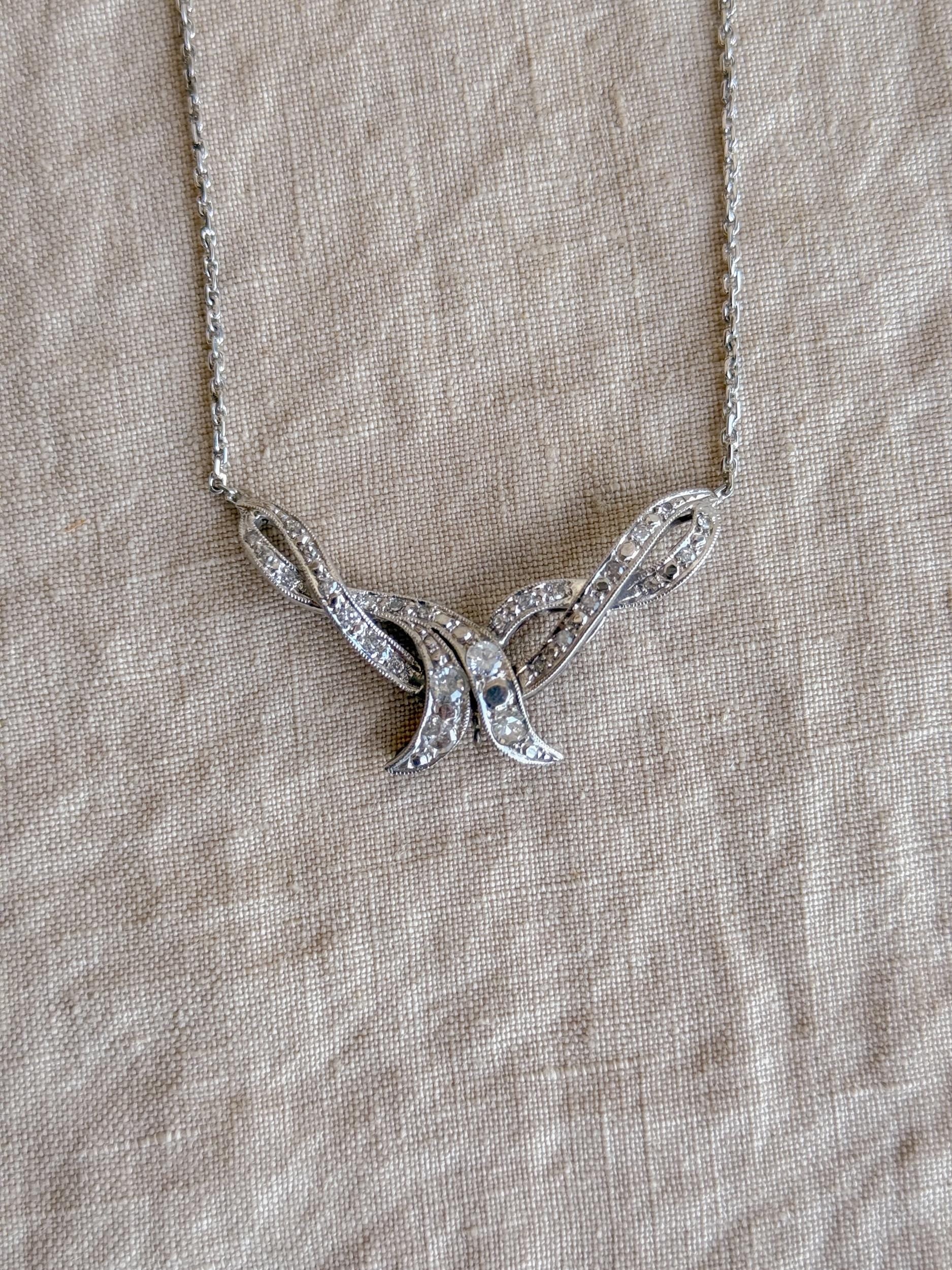 Antique 1920s Diamond Ribbon Pendant Necklace, 14k White Gold