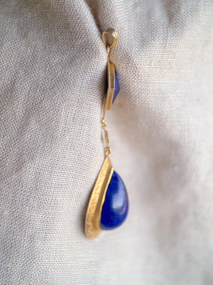 Vintage Lapis Lazuli Pendant, 14k Gold, Pear and Square Drop Pendant, 1970s Blue Pendant